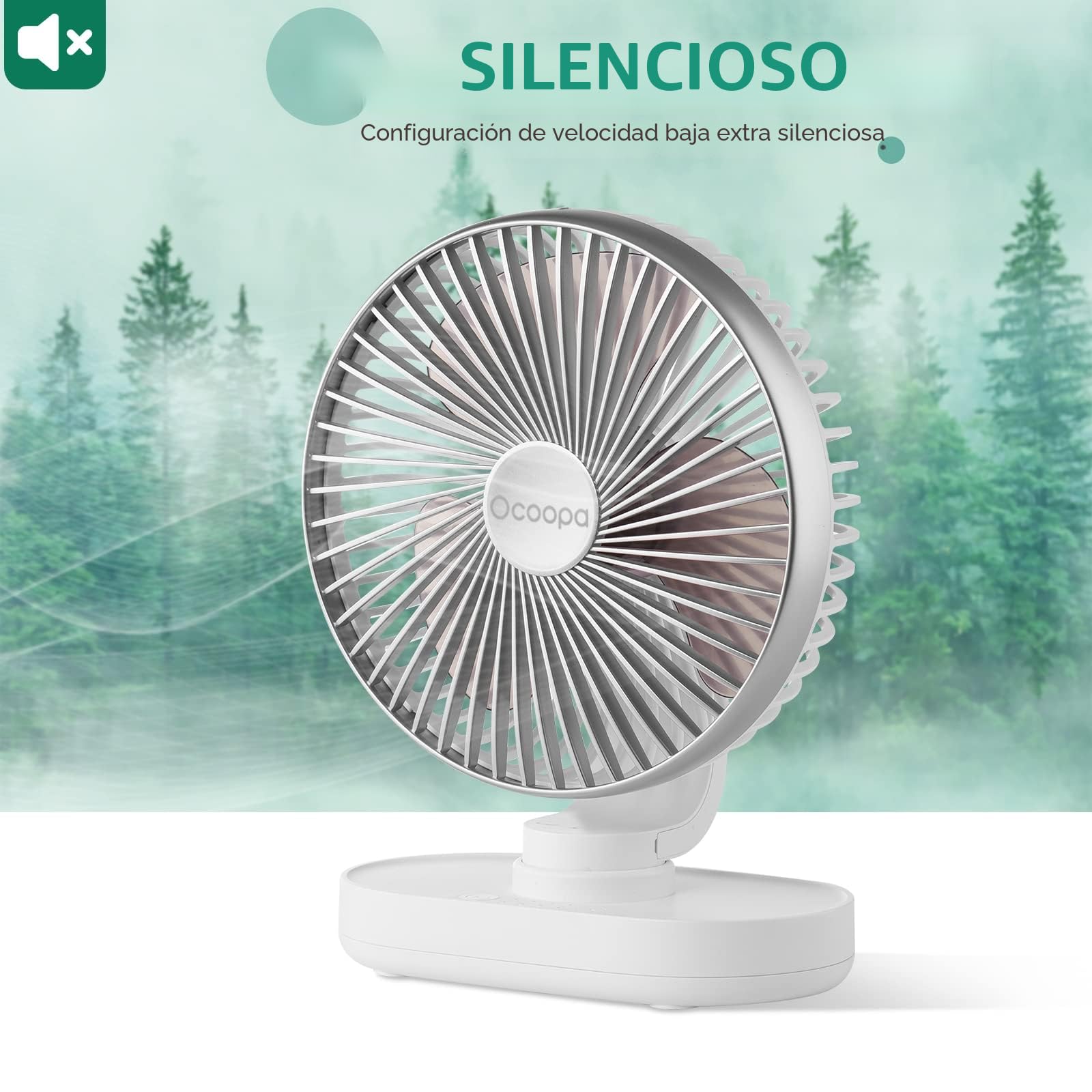 OCOOPA Ventilador Silencioso USB, 16cm Oscilante Ventilador de Escritorio y Batería Recargable 4000mAh, Ventilador de Mesa Portátil, 4 Velocidades para el hogar, cocina, dormitorio, oficina, Plata