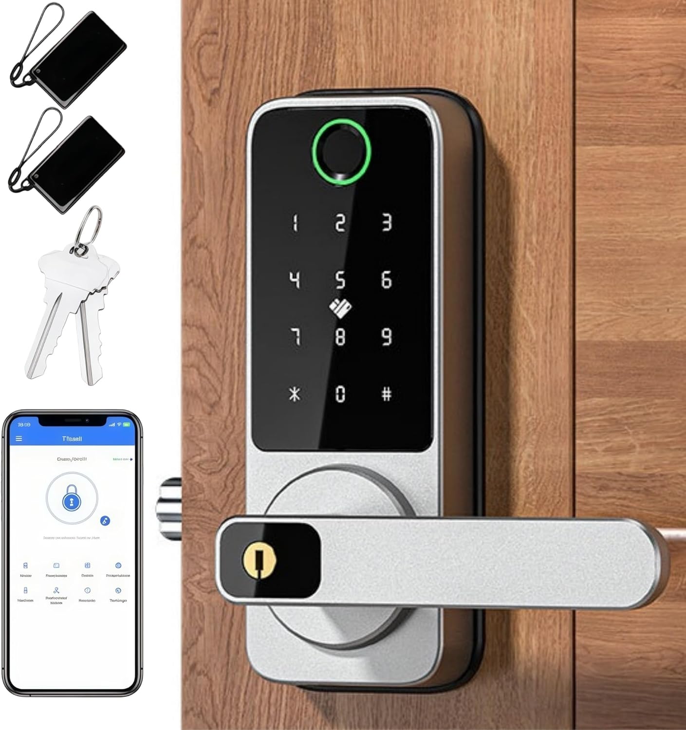 Fingerprint Smart Lock with Handle, WiFi Keyless Entry Door Lock with App Control, Keypad & Backup Key, Auto-Lock Waterproof Front Door Lock for Apartment, Home & Airbnb (Silver)