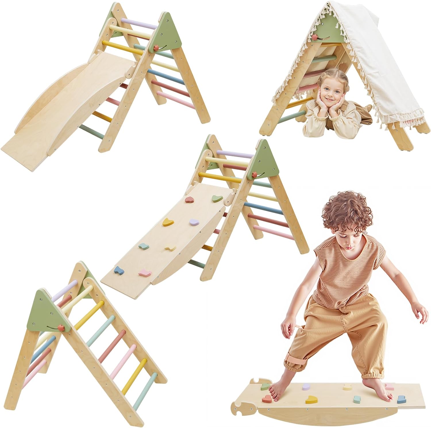 Pikler Triangle Set, Montessori Toddler Climbing Toys Indoor, Pikler Climbing Set with Foldable Pikler Triangle Ladder&Reversible Slide, 2 Piece Wooden Baby Climbing Gym Indoor Playground 2 PCS Pikler Triangle Set