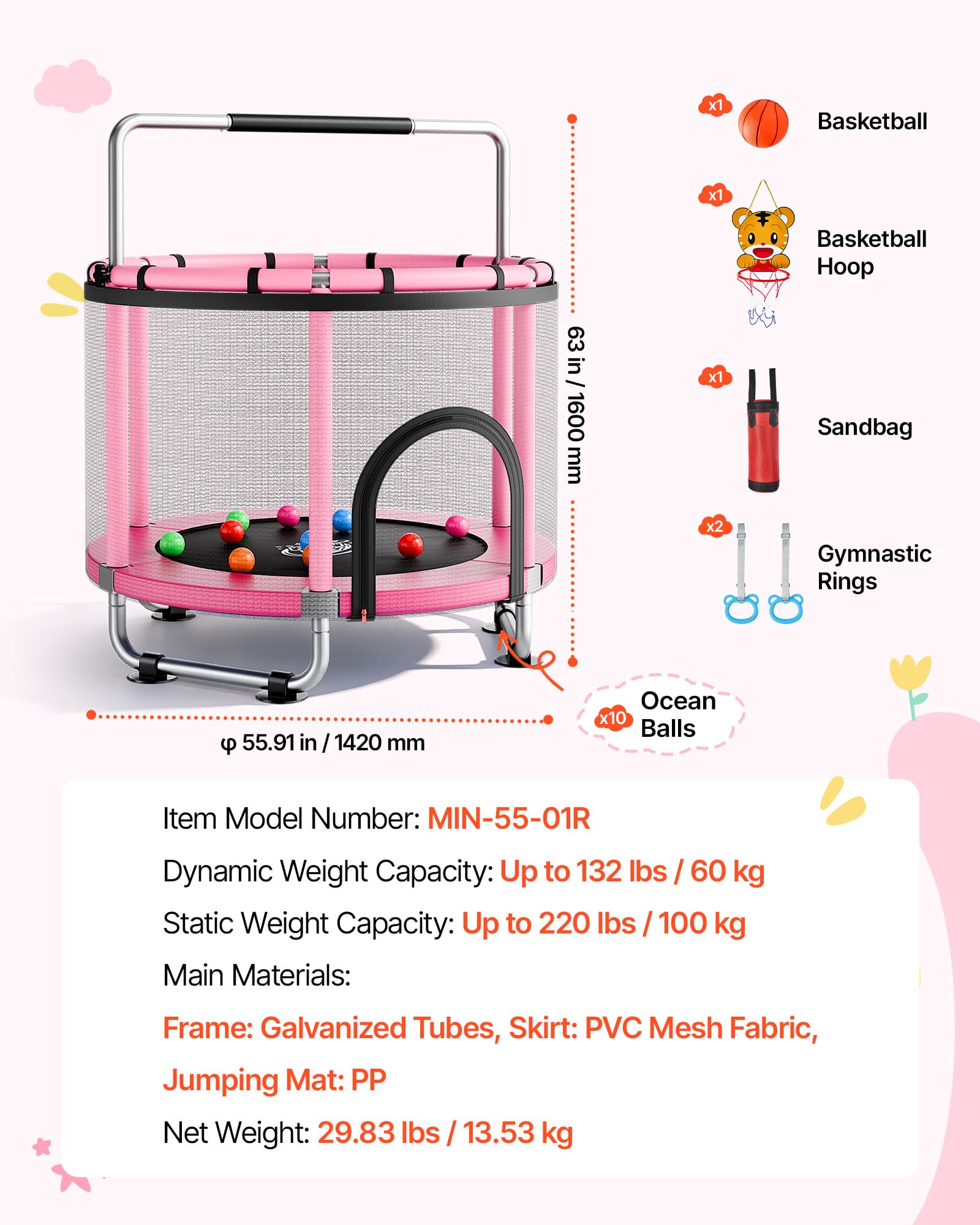 VEVOR Trampolino Elastico per Bambini 142 cm Carico 60 kg Rete Protezione, Giocattolo per Divertimento Esercizio Bambini da Interno Esterno Barra Regolabile, Trampolino Uso Domestico, Colore Rosa