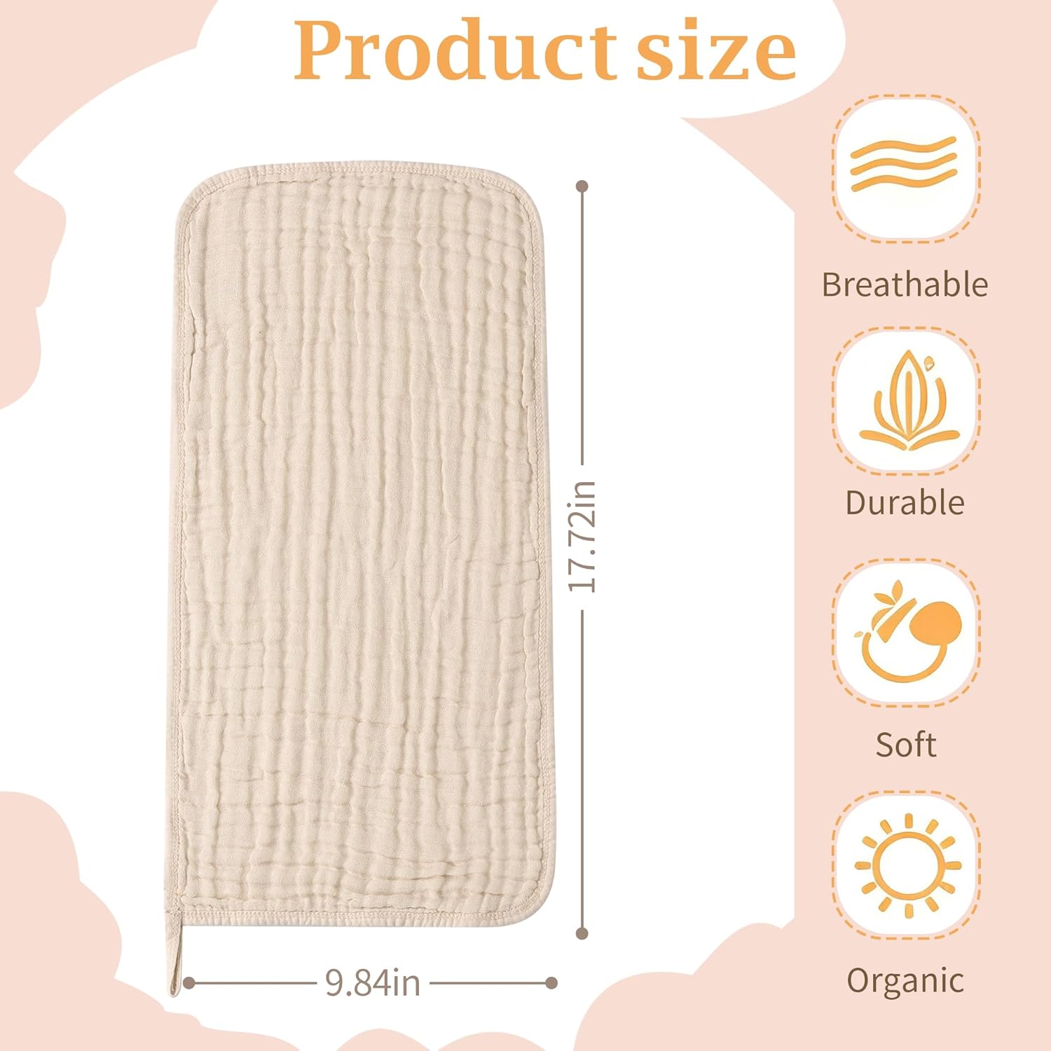 Muslin Burp Cloths 5 Pack Large 20x12 inches Baby Burping Cloths, 6-Layer 100% Cotton for Newborn Boys Girls, Ultra Soft & Absorbent （Apricot Color） - Image 2