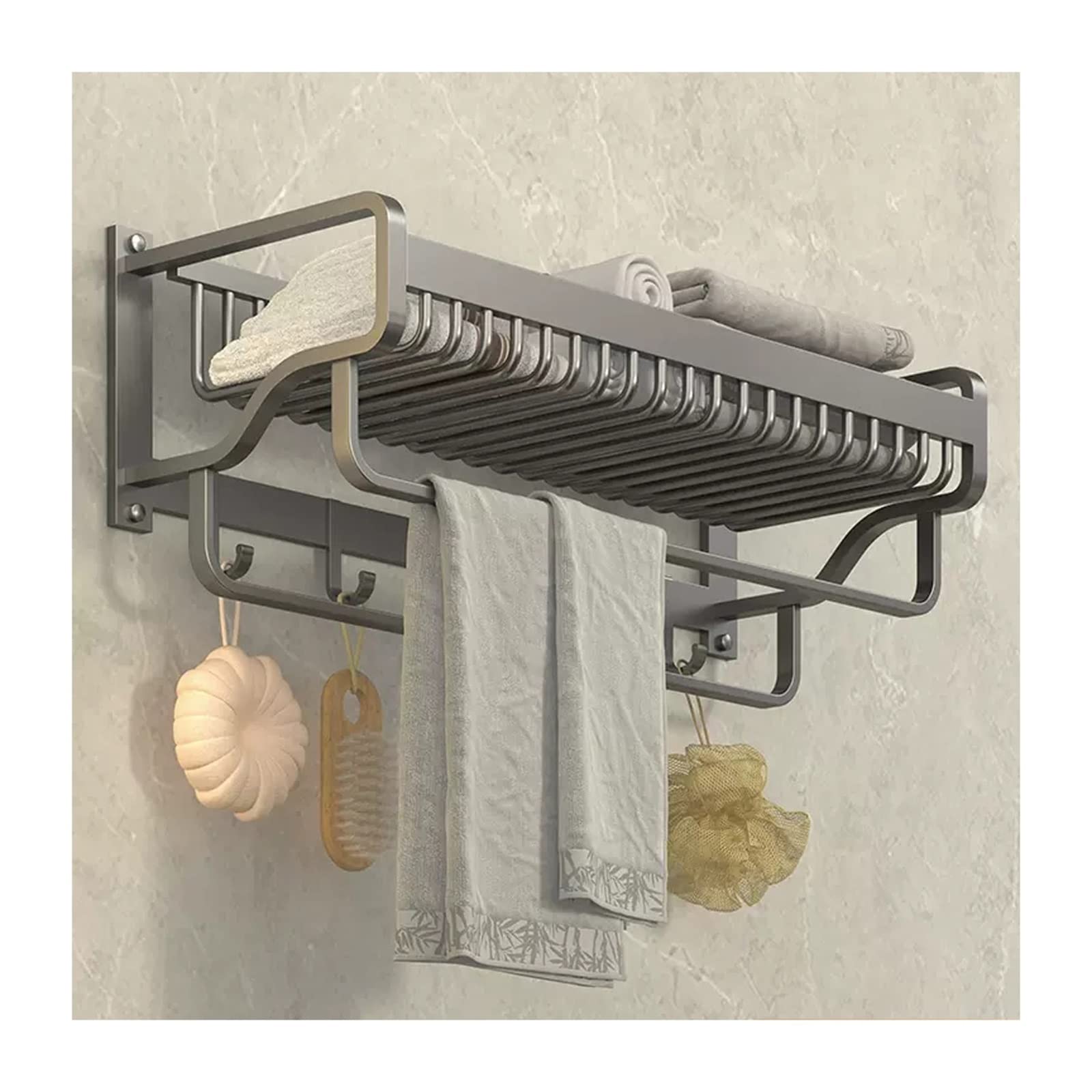 Étagère de salle de bain grise contre le désordre avec double porte-serviettes