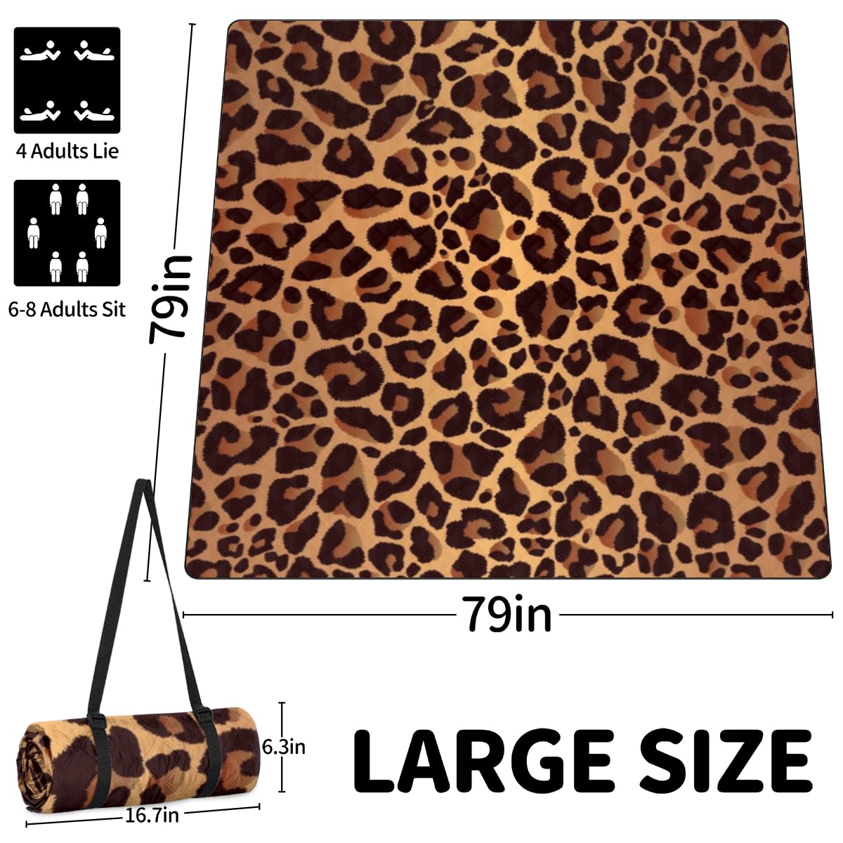 Shimoshe Extra Large Picnic Blankets 79”x 79”, Fashion Leopard Print Waterproof Foldable Picnic Mat with Straps Portable Beach Blanket for Camping Park Grass Beach Indoor