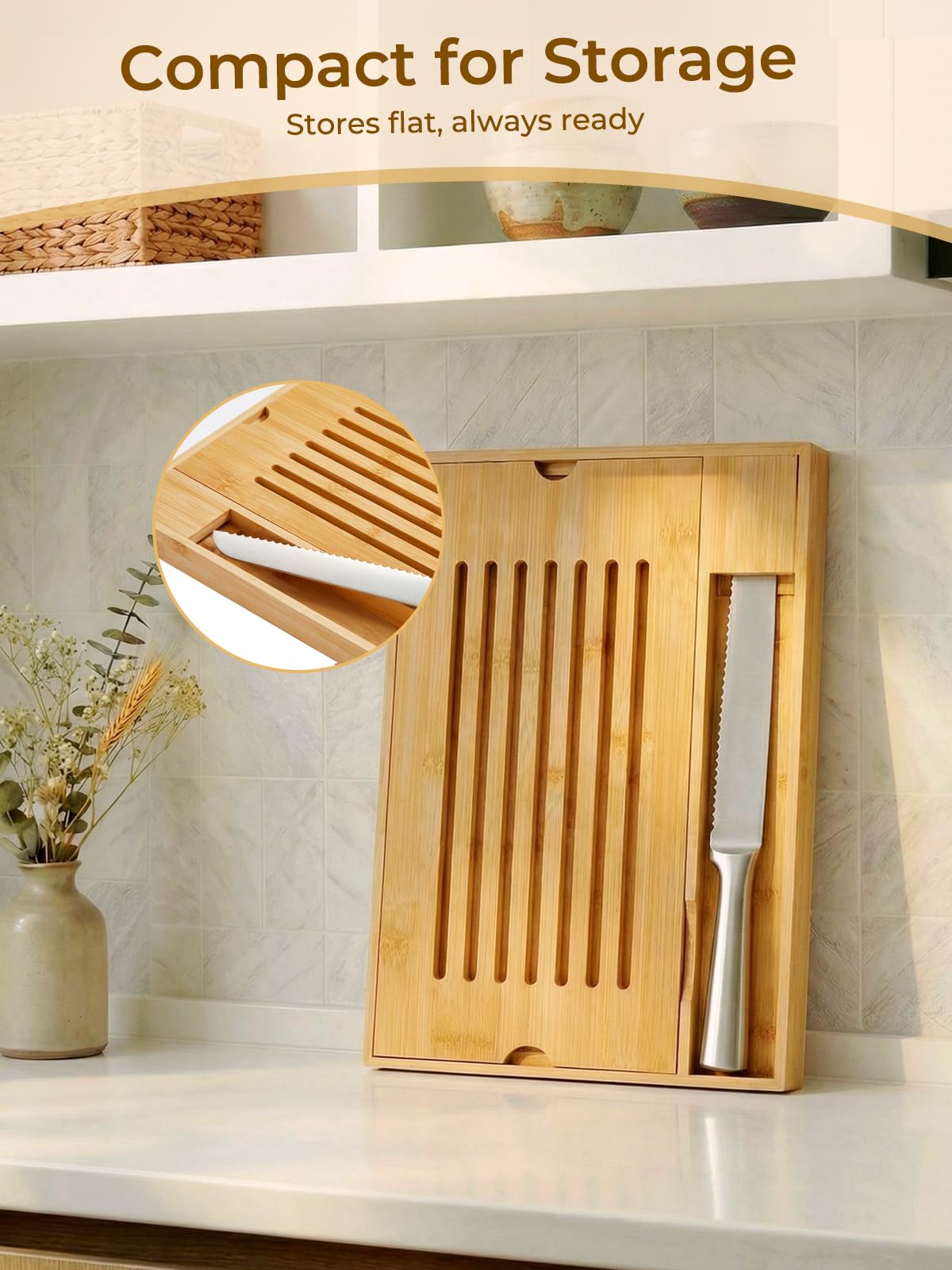 FOHERE Tabla Cortar Pan Bambú Bandeja Recogemigas, Cuchillo Pan Incluido | Bambú Ecológico, Bandeja Recogemigas Extraíble, 2-En-1 Corte/Servicio, Adecuado Para Baguette/Croissant, 38 X 24,8 X 3 cm