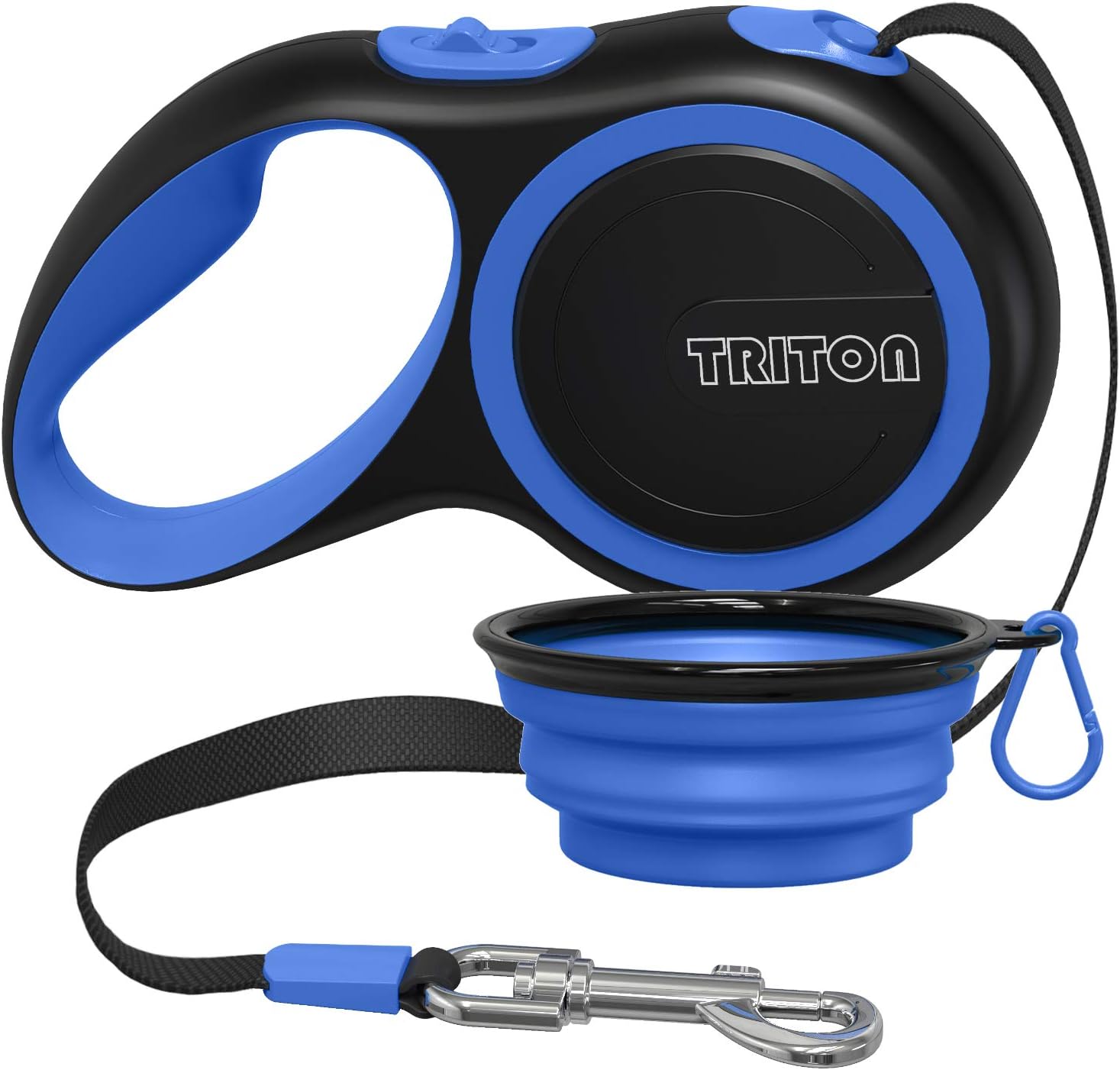 Triton Retractable Dog Leash - 16 Foot Reinforced Nylon Ribbon - One Touch Locking - Anti Slip Handle - Collapsible Water Bowl