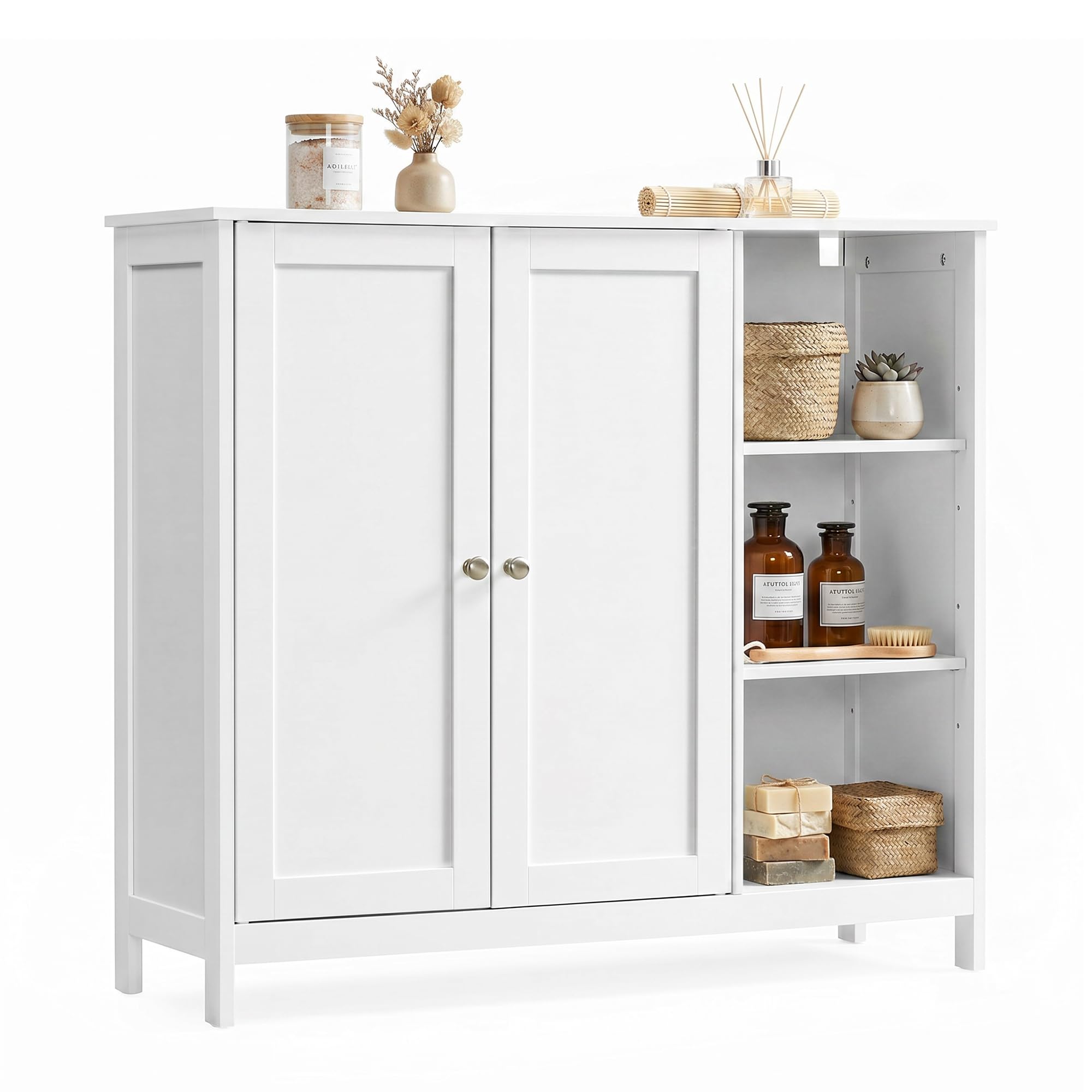 VASAGLE Bathroom Cabinet, Freestanding Floor Cabinet with Double Doors and Open Shelves, MDF Storage Cupboard, Adjustable Shelves, 90 x 30 x 80 cm, Cloud White, SIREN Collection BBK070WB01