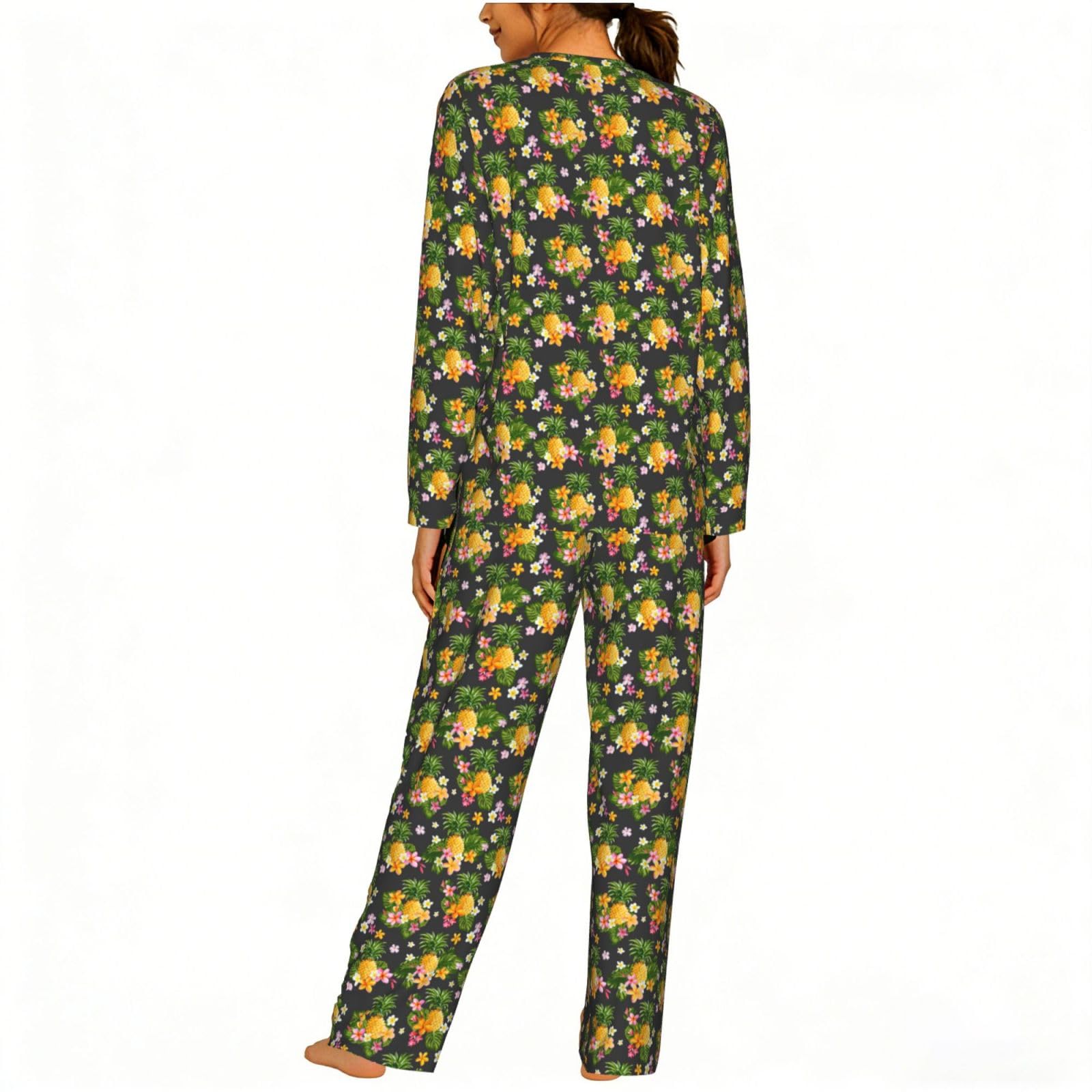 Pigiama da donna a maniche lunghe con stampa hawaiana tropicale ananas morbido elastico coulisse casual Daywear