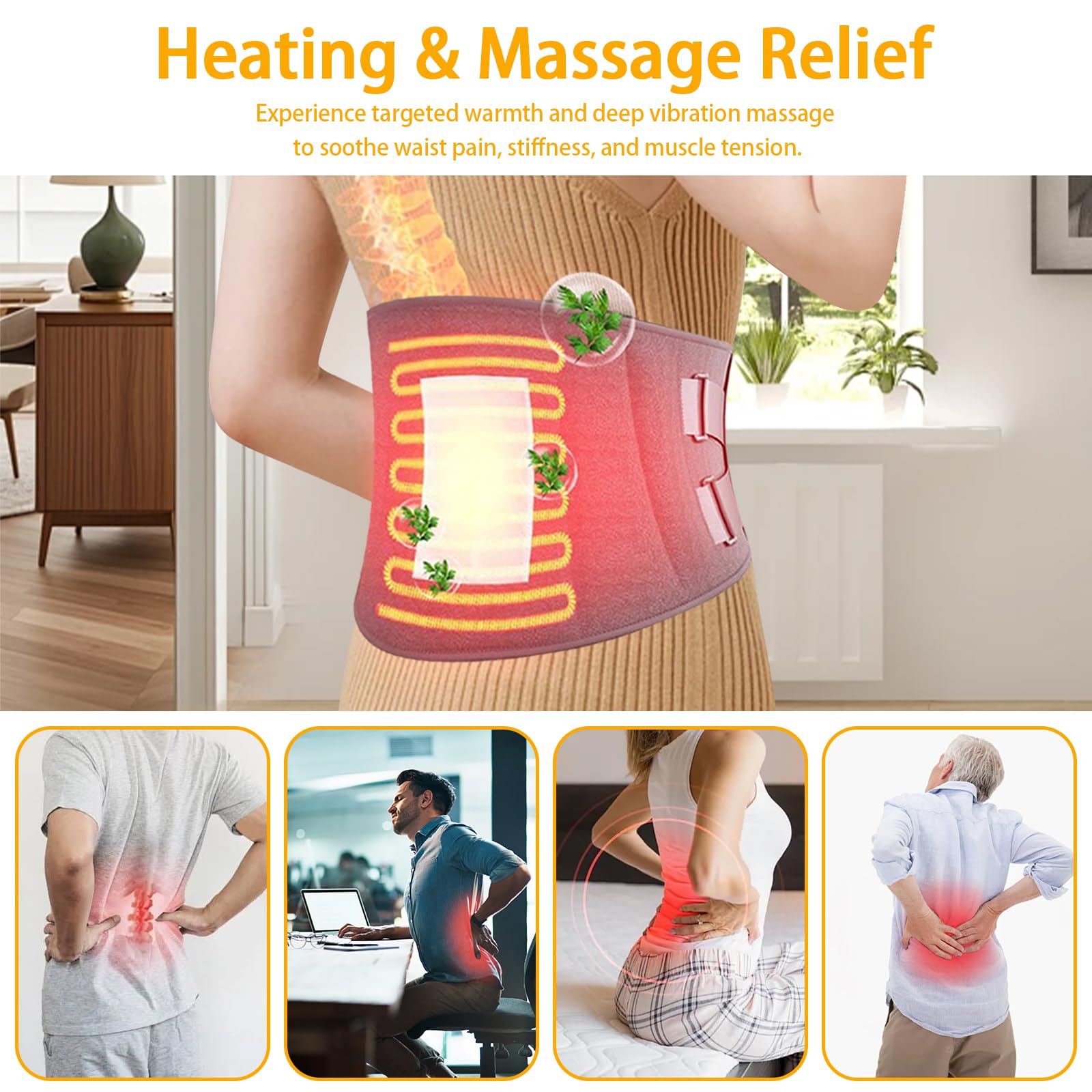 Cinturón Térmico de Vibración con 3 Niveles de Calor y 3 Modos de Masaje, Cinturón Lumbar Eléctrico Inalámbrico con Banda Ajustable y Apagado Automático (110 x 22 cm)
