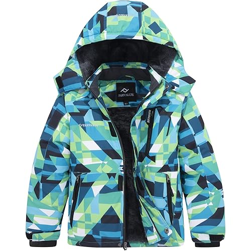 FARVALUE Boys Waterproof Ski Jacket Windproof Winter Coat Warm Snow Coat Outdoor Raincoats Hooded Windbreaker