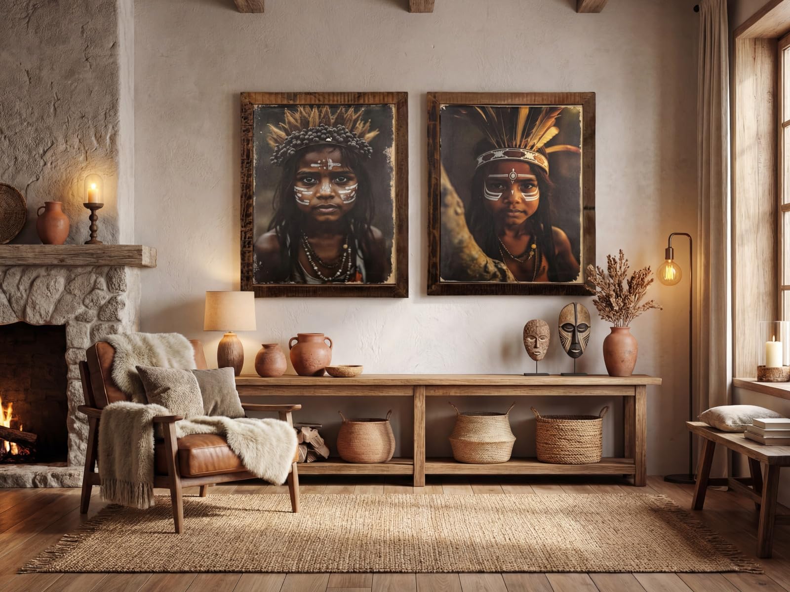Woodkings Wandbild Spirit of Earth | rustikaler Bilderrahmen Altholz 70x90 cm | Canvasdruck im Ethno Boho-Stil | Wanddekorartion Wohnzimmer Schlafzimmer I Holzbild