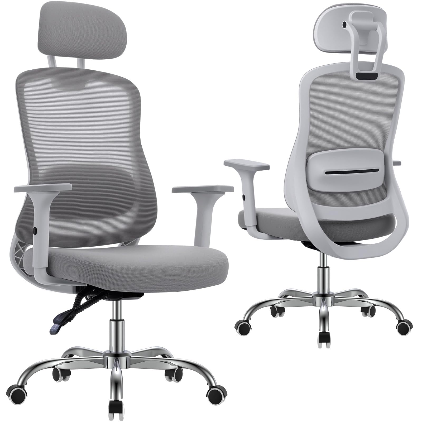 naspaluro Ergonomic Office Chair Comfy Desk Chair with Adjustable Headrest and Lumbar Support Armrest 90-135°Tilt Lock Mesh Chairs for Home Office, Sturdy, Work & Gaming, Grey
