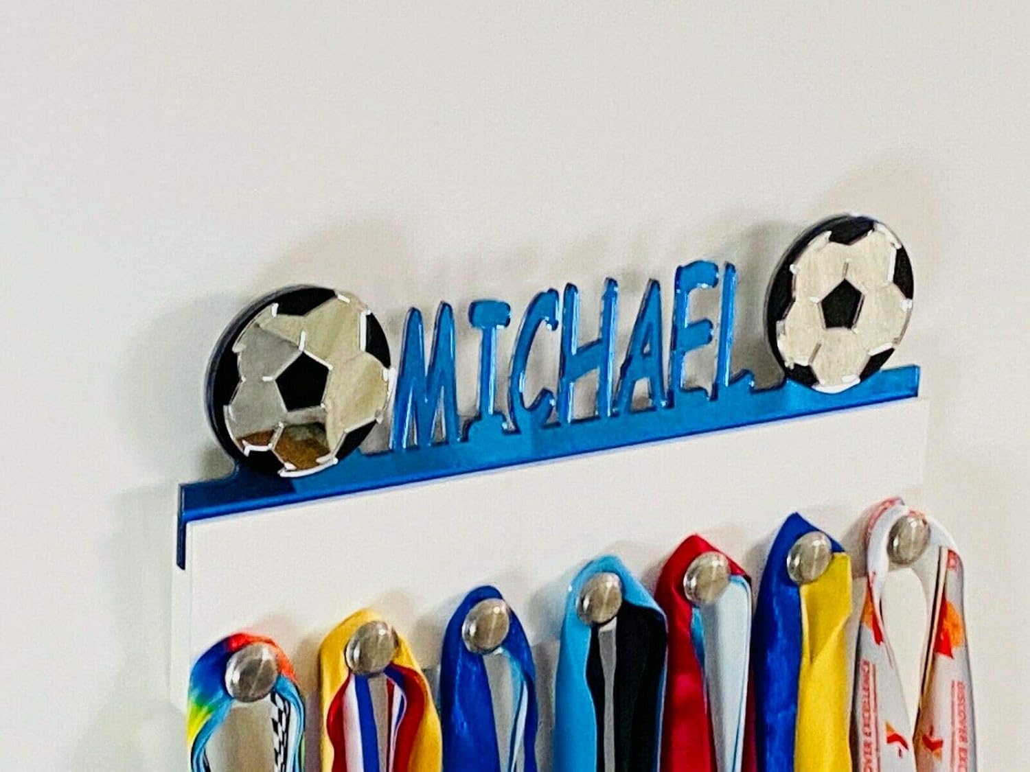 Custom Personalized Name Medal Holder Soccer Ball Sports Display Awards Wall Organizer Hanger Rack with Hooks for 60+ Medals, Ribbons, Sports 16'' Wide, Made To Order With Your Name On It