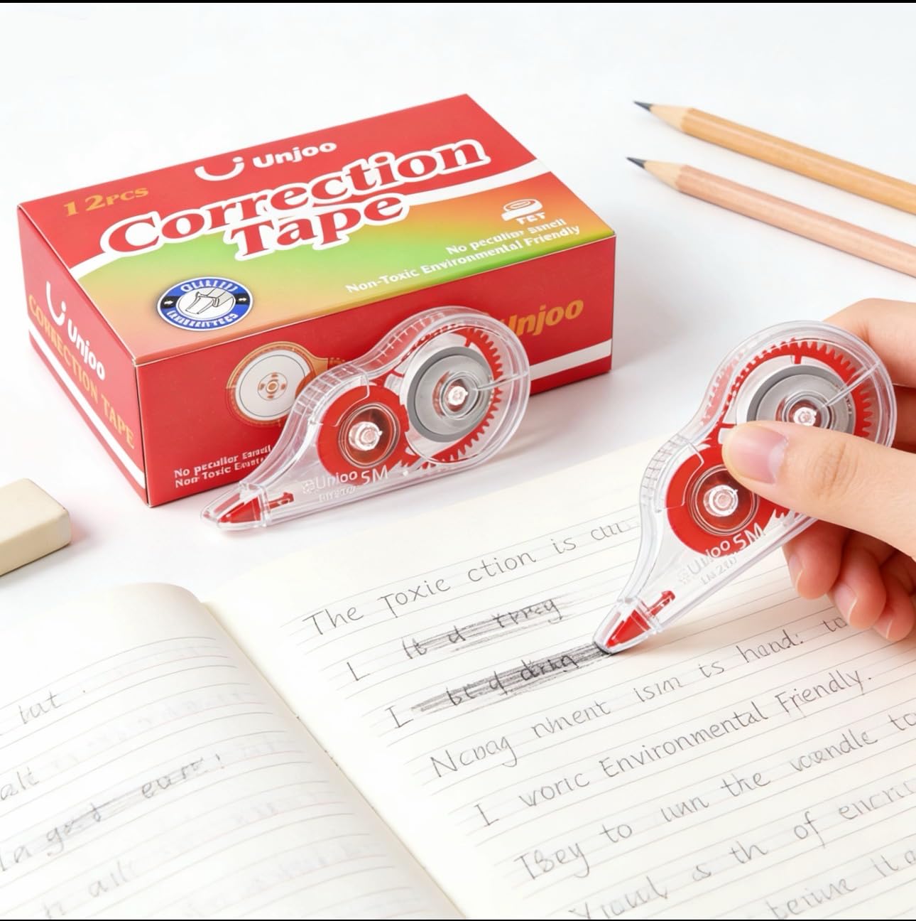 Unjoo Cinta correctora blanca, aplicador fácil de usar para correcciones instantáneas, escritura incorrecta en cualquier momento, para la escuela, la oficina (paquete de 12, 5 m x 0.2 pulgadas, rojo)