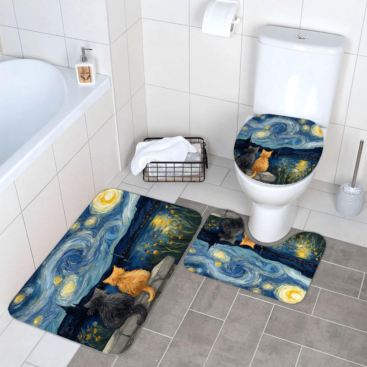 4Pcs Shower Curtain Sets, Starry Night Art and Two Cats Bathroom Decor Set with Rugs and Accessories, Bathroom Decor Sets, 72 x 72 Inches