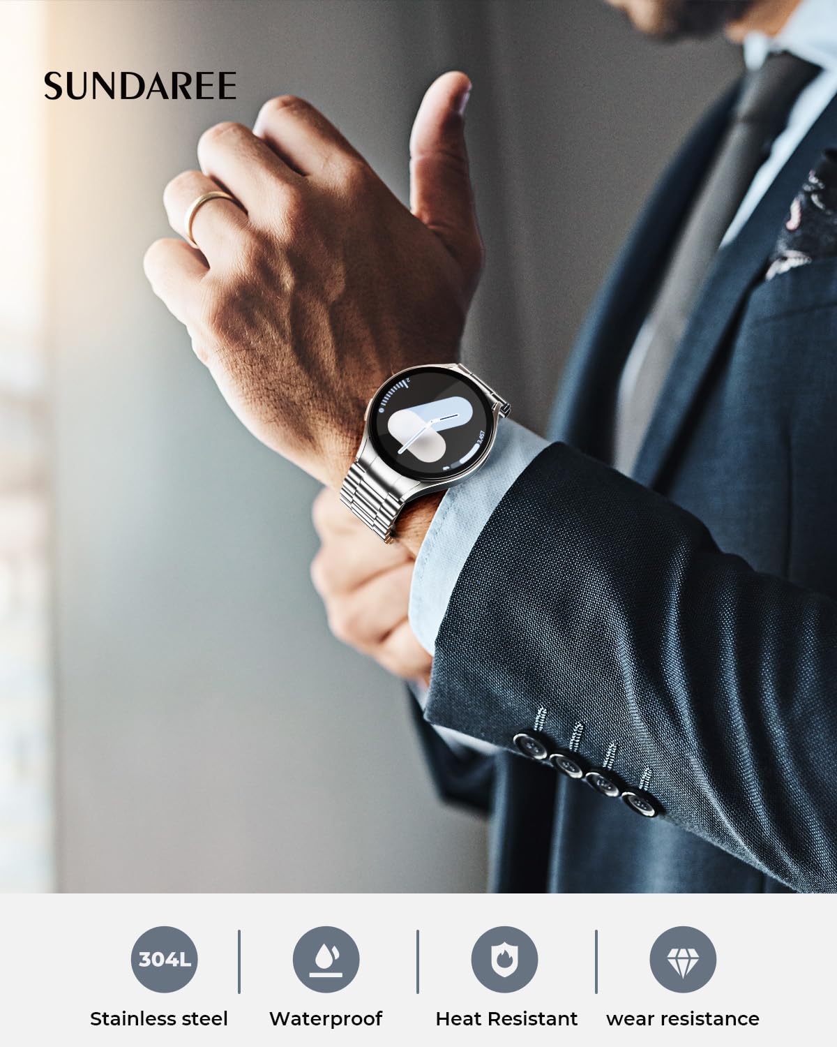 SUNDAREE Cinturino Compatibile con Samsung Galaxy Watch 7 44MM 40MM/6 Claissc 47MM/5 Pro 45MM,No Gap Uomo Metallo Acciaio Orologio Cinturini Ricambio Band per Watch FE/6/5/4 46MM 43MM 42MM,Argento