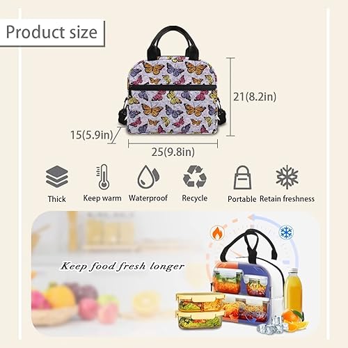 Miniatura 7 de doginthehole Bolsa de almuerzo colorida de mariposa para mujer, organizador para la escuela, trabajo, picnic, bolsa de almuerzo reutilizable con