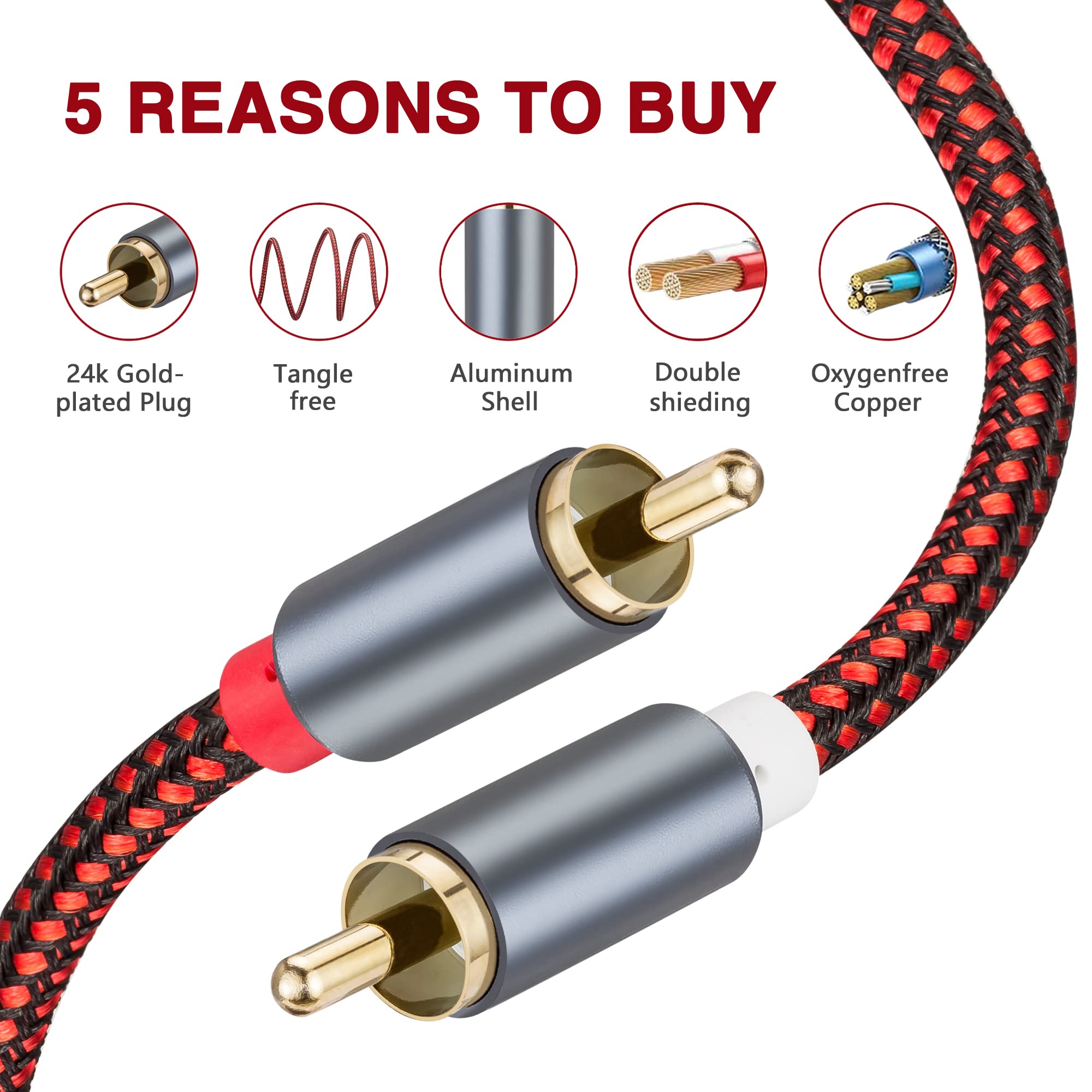 Kabel RCA 4,6 m 2RCA na 2RCA 2RCA męski na 2-RCA męski kabel audio stereo subwoofer kabel nylonowy pleciony pomocniczy przewód audio do kina domowego, HDTV, wzmacniaczy, Hi-Fi