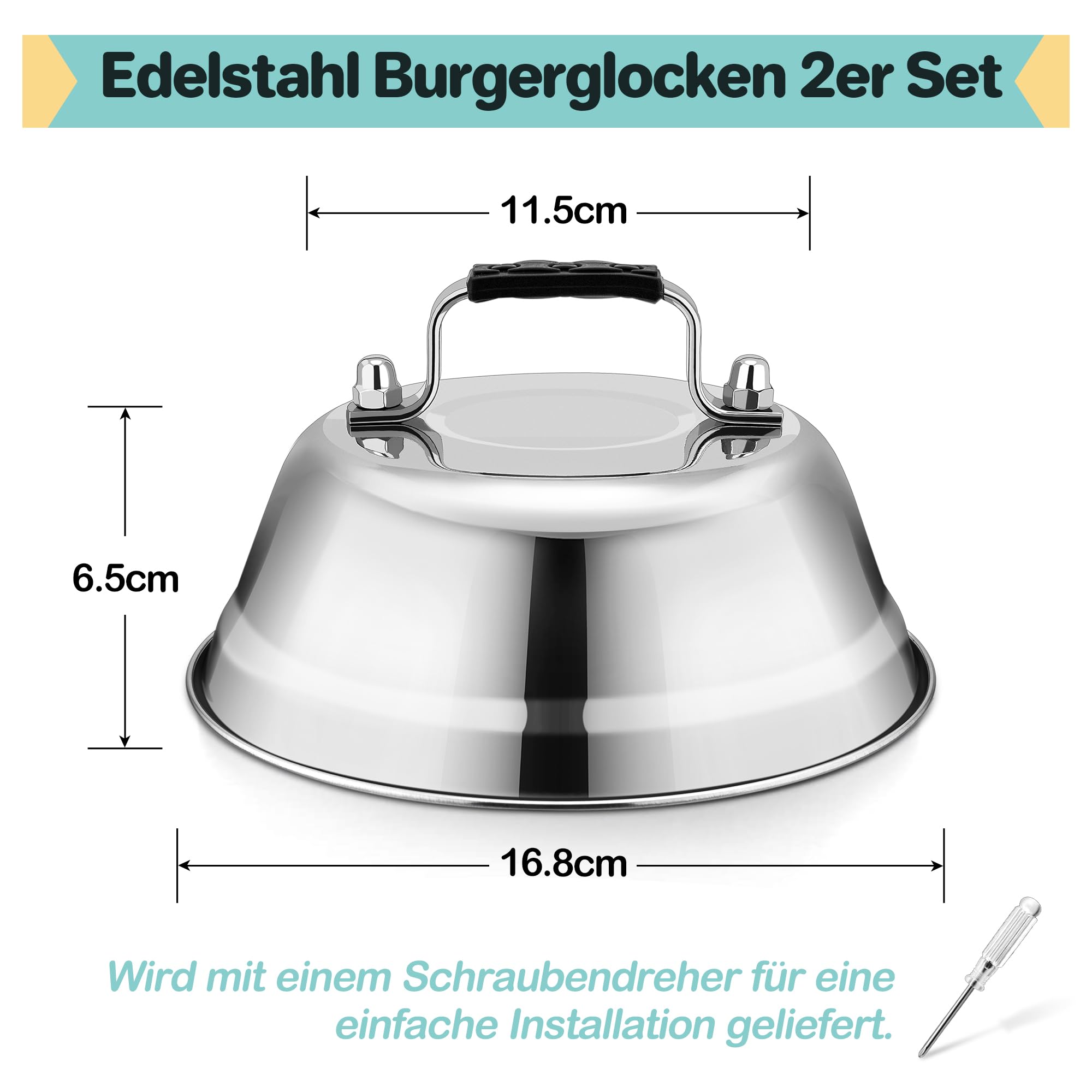 HaWare Dzwonek do burgerów, 2 sztuki, stal nierdzewna, z gumowym uchwytem, do grilla, steków, serów, teppanyaki, na zewnątrz i wewnątrz, nadaje się do mycia w zmywarce – 16,8 x 6 cm