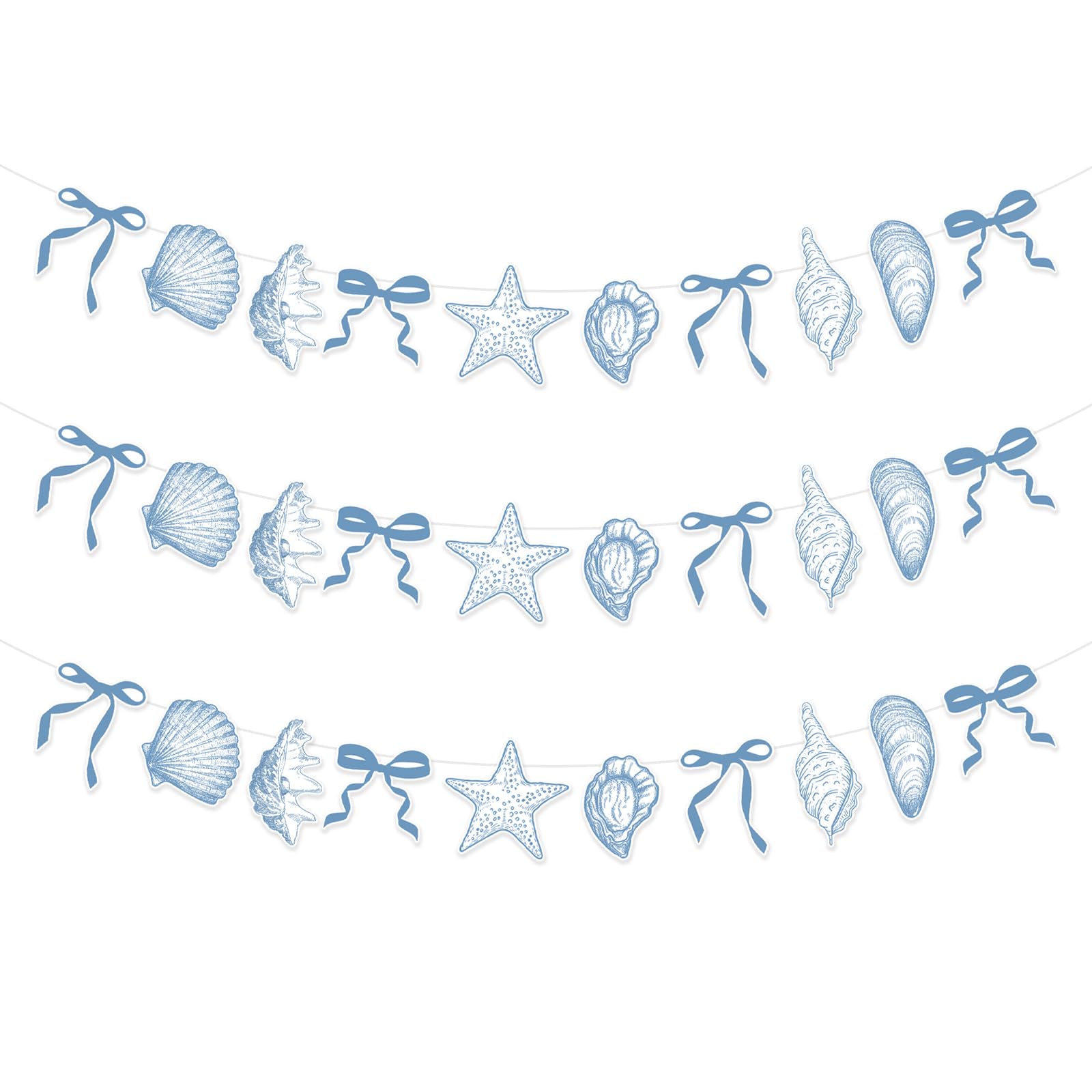 3Pcs Blue Bow Starfish & Seashell Banner, Beach Bachelorette Party Decorations Seashell Party Decor, Exquisite & Beautiful Hanging Garland Decorations for Summer Birthdays Weddings