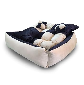 Hiputee Ultra Soft Rectangular Reversible Bed for Dog and Cat with 2 Extra Pillows (S, Black Cream)