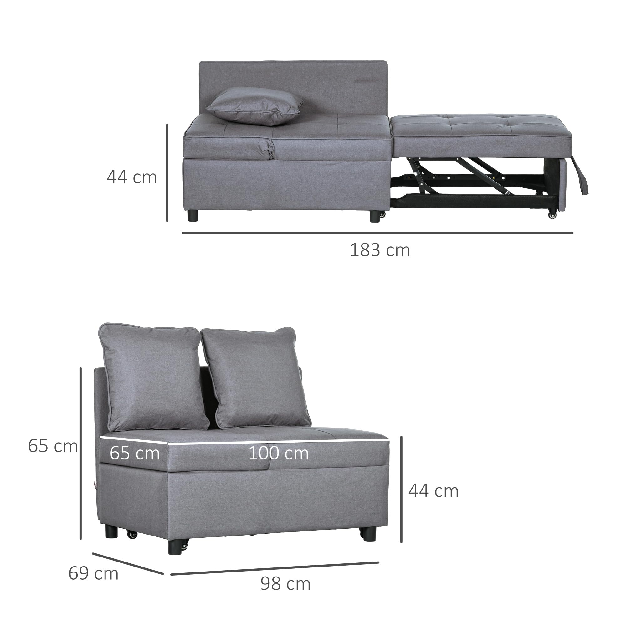 HOMCOM 3 in 1 Poltrona Letto Imbottita Reclinabile 98x71x67 cm Grigio Scuro | Schienale in 5 Posizioni, Cuscini, Divano Letto Una Piazza e Mezza, Tessuto Effetto Lino e Legno, per Soggiorno