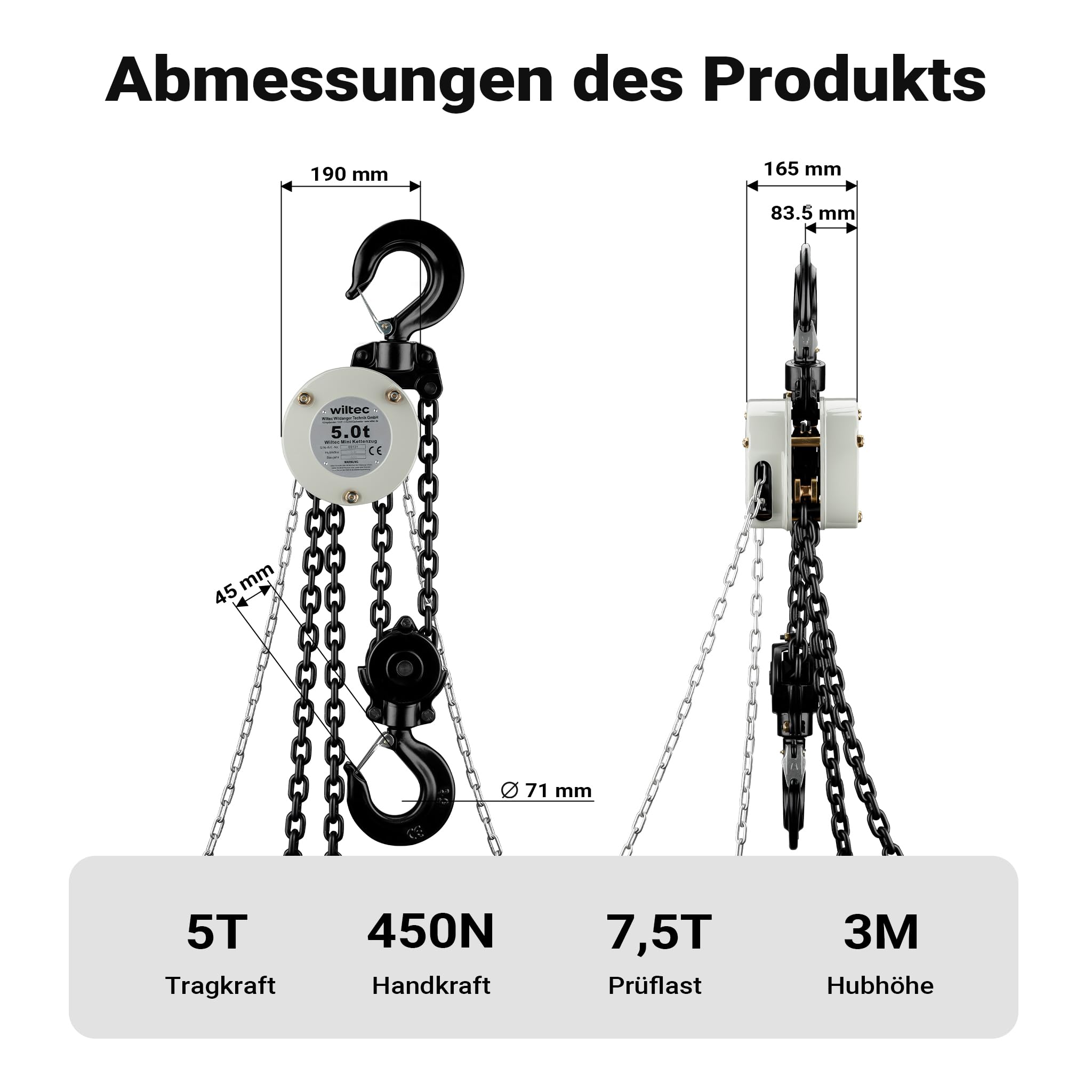 Wiltec Mini Kettenzug bis 5 t, robuster Handkettenzug 3 m Hubhöhe, Tragmittel mit 3 m Lastkette, Hebezeug manuell, hochbelastbares Hebemittel