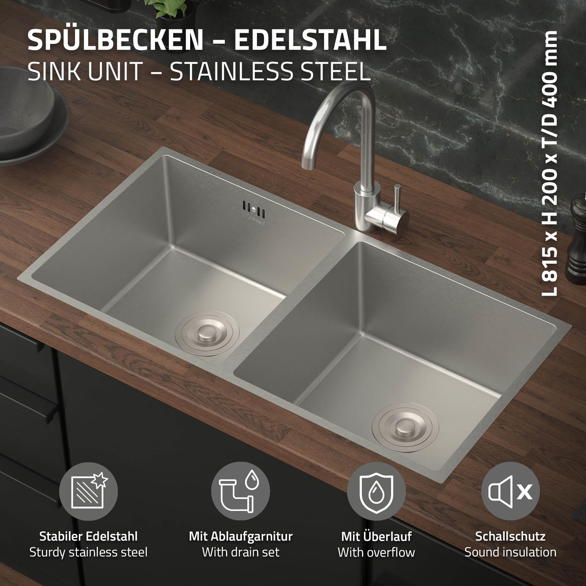 ML-Design Évier Double en Acier Inoxydable, 81,5 x 40 cm, Argenté, avec Vidage et Trop-Plein, Bassin à Encastrer Sous Plan, Rectangulaire, 2 Bacs avec Siphon, Lavabo Encastrable Inox, Cuve Double