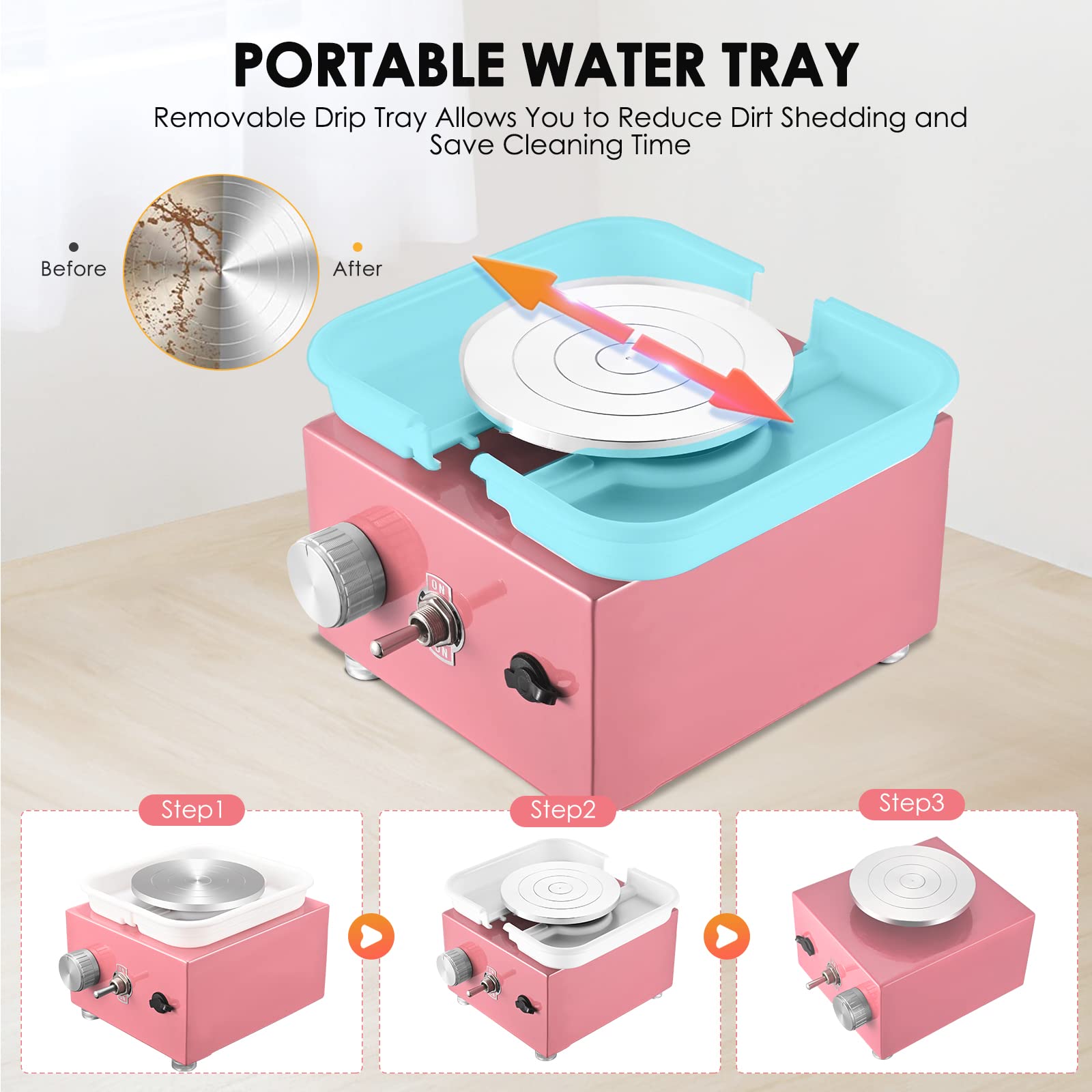 Mini Rueda de Cerámica, Máquina Eléctrica de Cerámica 30 W Velocidad 2000 RPM con Lavabo Extraíble de ABS y Plato Giratorio de 6,5/10 cm Máquina de Rueda de Cerámica para Niños, Adultos