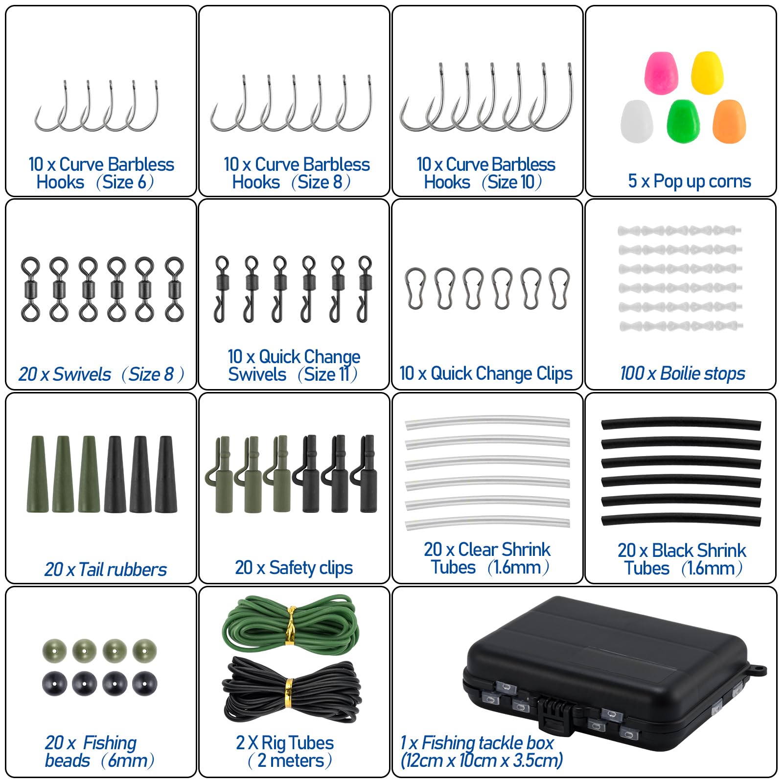Carp Fishing Tackle Box Dr.fish 219 pezzi con clip di sicurezza girevole Ganci terminali tubo Joblot accessori opzionali, 4 colori