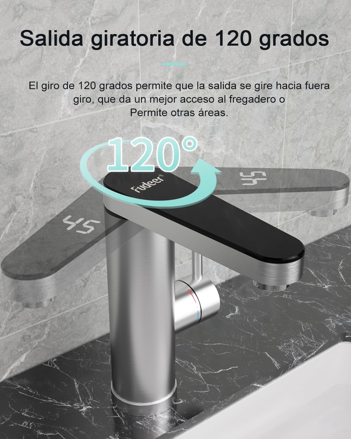 Grifo de agua caliente de acero inoxidable, grifo eléctrico con calentador de paso con indicador de temperatura digital, salida giratoria de 120 grados, armaturas eléctricas baño (salida de pantalla)