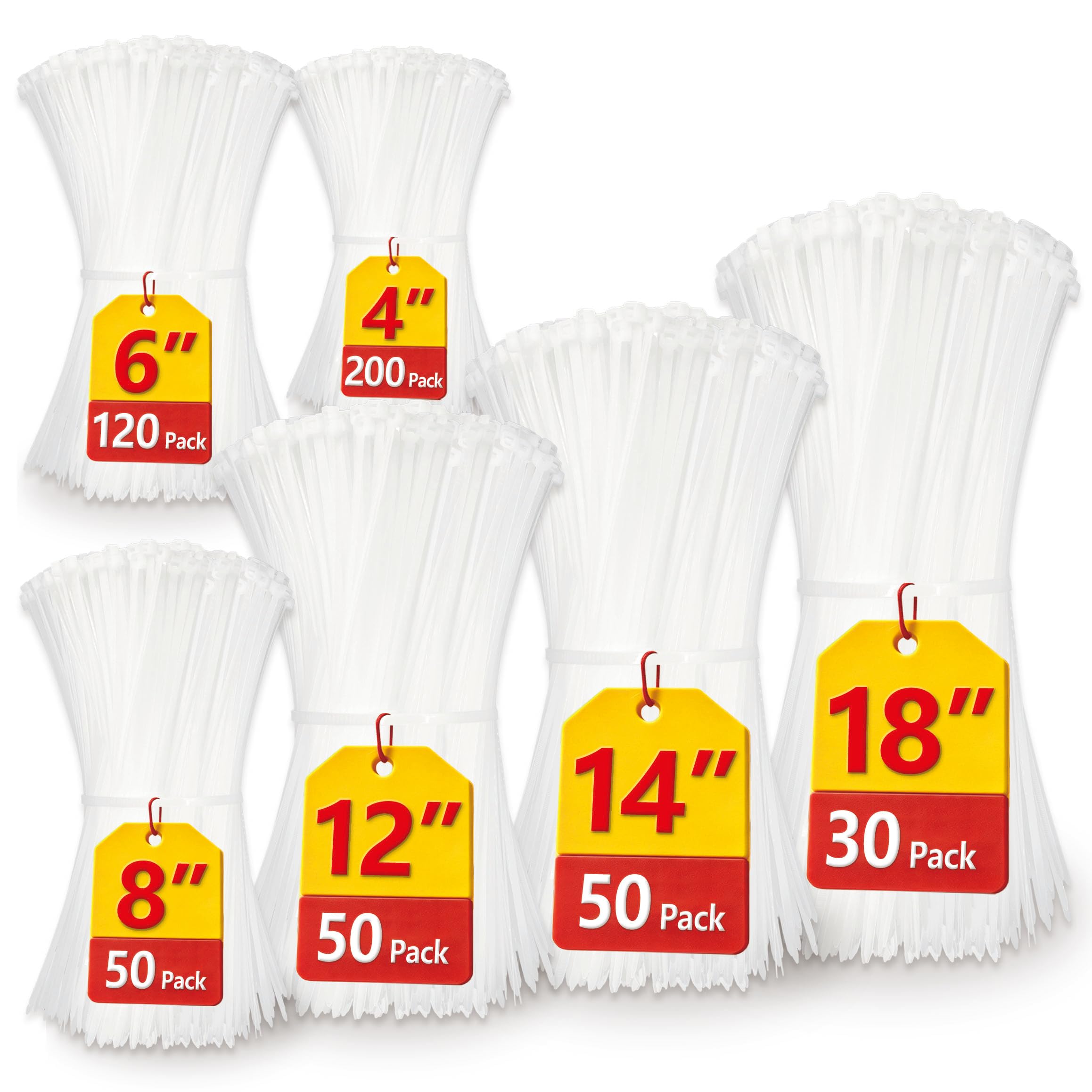 Lot de 500 attaches à glissière blanches en 5 tailles assorties pour câble