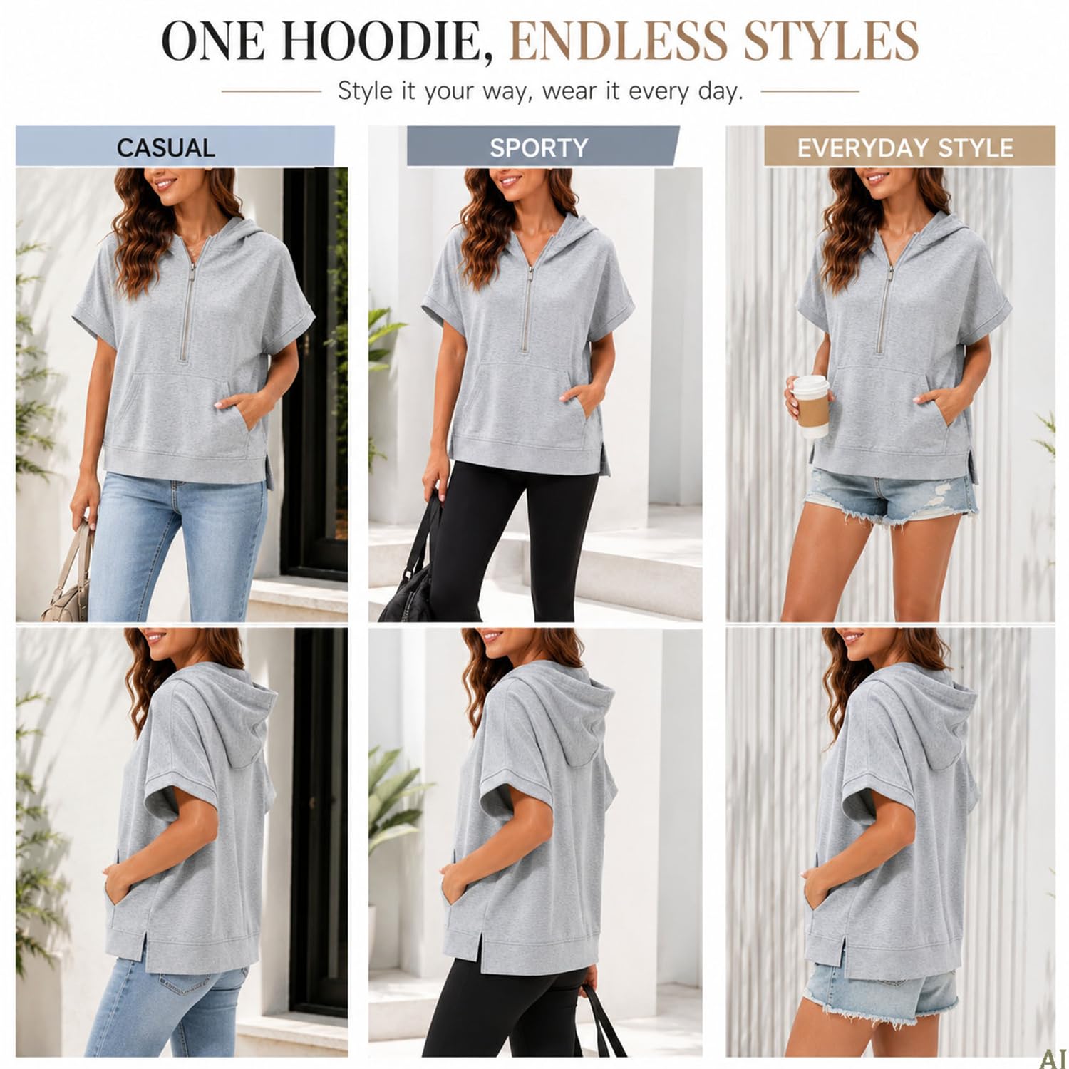 Generisch Oversized damska bluza z kapturem z zamkiem błyskawicznym do połowy długości, sweter z krótkim rękawem z zamkiem błyskawicznym i kieszenią na co dzień