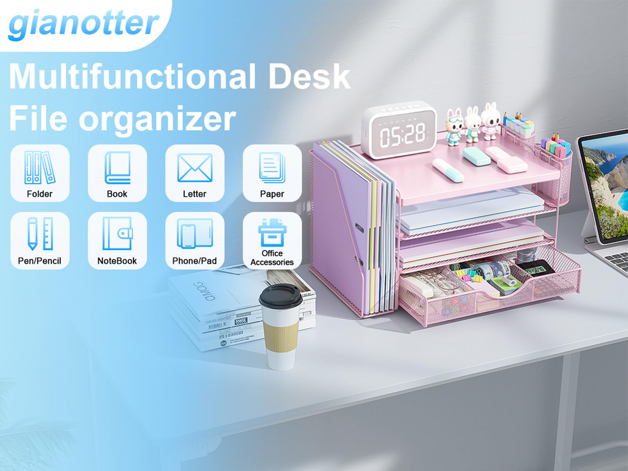 gianotter Wood Desk Organizers and Accessories with File Holder, 4-Tier Desk Accessories & Workspace Organizers with Drawer and 2 Pen Holder, Desk Reference Organizer (Pink, 4T with Metal Drawer) view 3