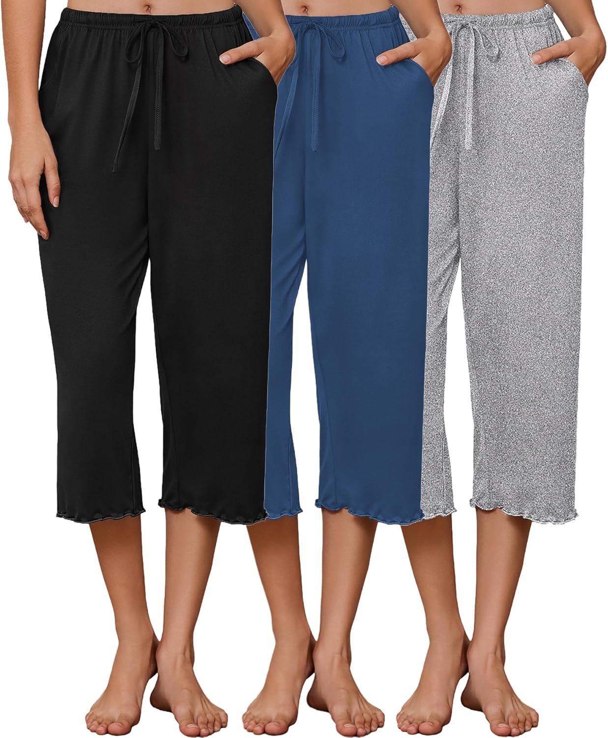 Ekouaer 3 Pack Women Capri Pajama Pants 2026 Ruffle hem Lounge Pants Drawstring Pj Bottoms with Pockets
