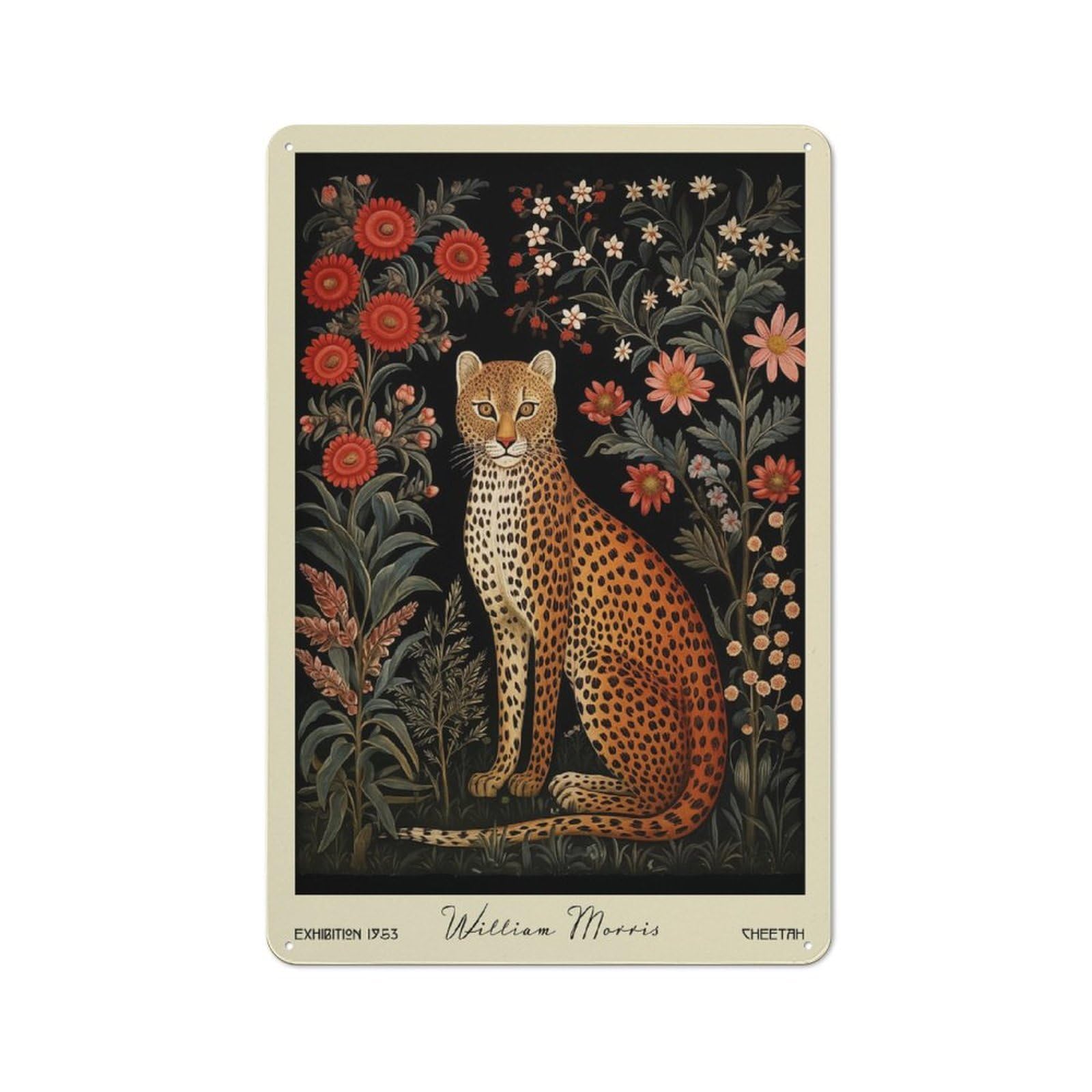 Metal Sign 30x20cm with Cheetah William Morris Flowers for Workshop Wall, Vintage Decor, for Vintage Wall Decor Fans, for Metal Sign Collectors