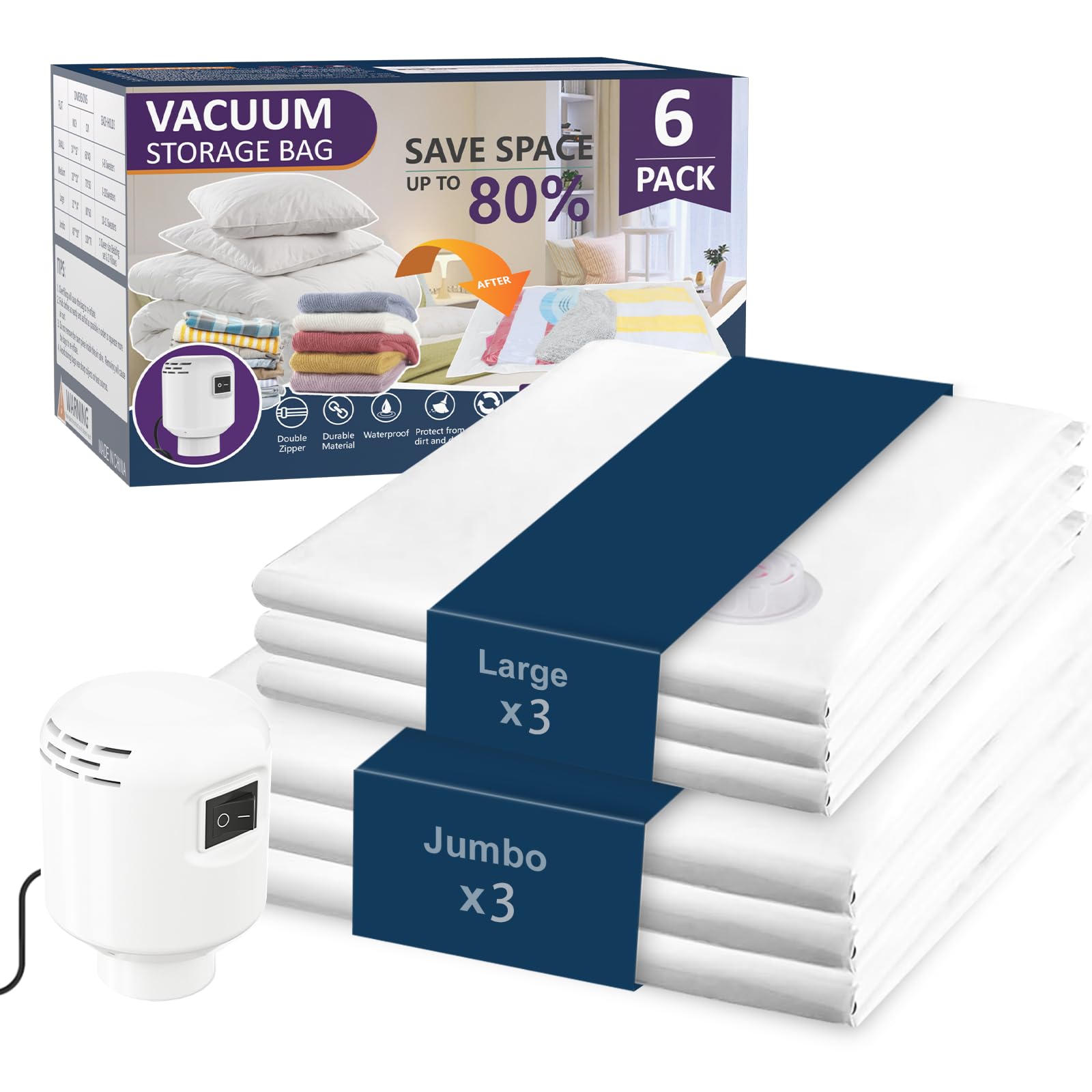 Vacuum Storage Bags with Electric Pumps, 6 Pack Including 3 Large & 3 Jumbo Compression Vacuum Pack Bags for Clothes and Bedding, Reusable, Airtight Compression Bags, Vacuum Bags for Travel Daily Use
