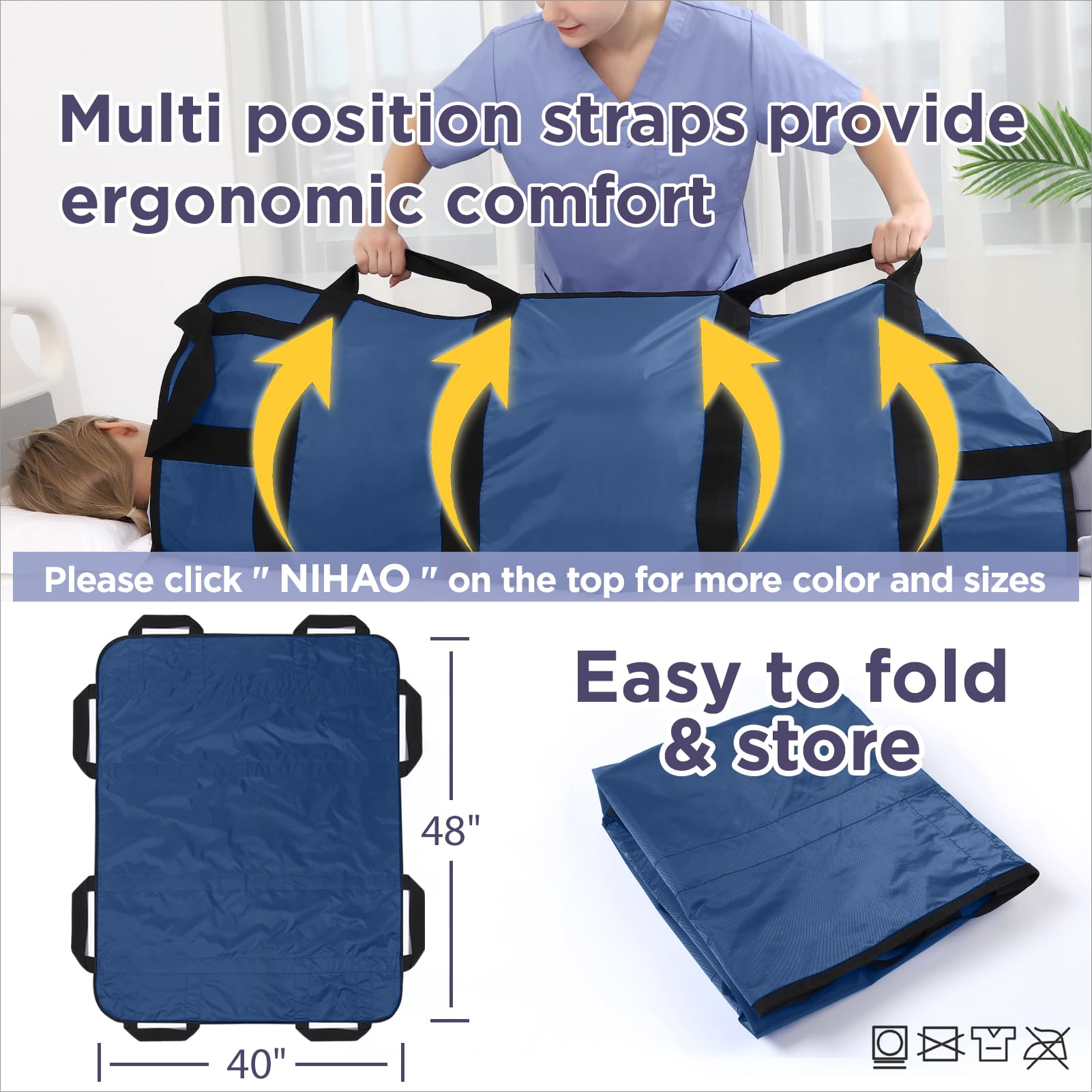 NIHAO Almohadilla de cama de posicionamiento multiusos con asas reforzadas de 48 x 40 pulgadas, sábana de transferencia de cama para pacientes, alfombrilla de elevación para giro, reposicionamiento,