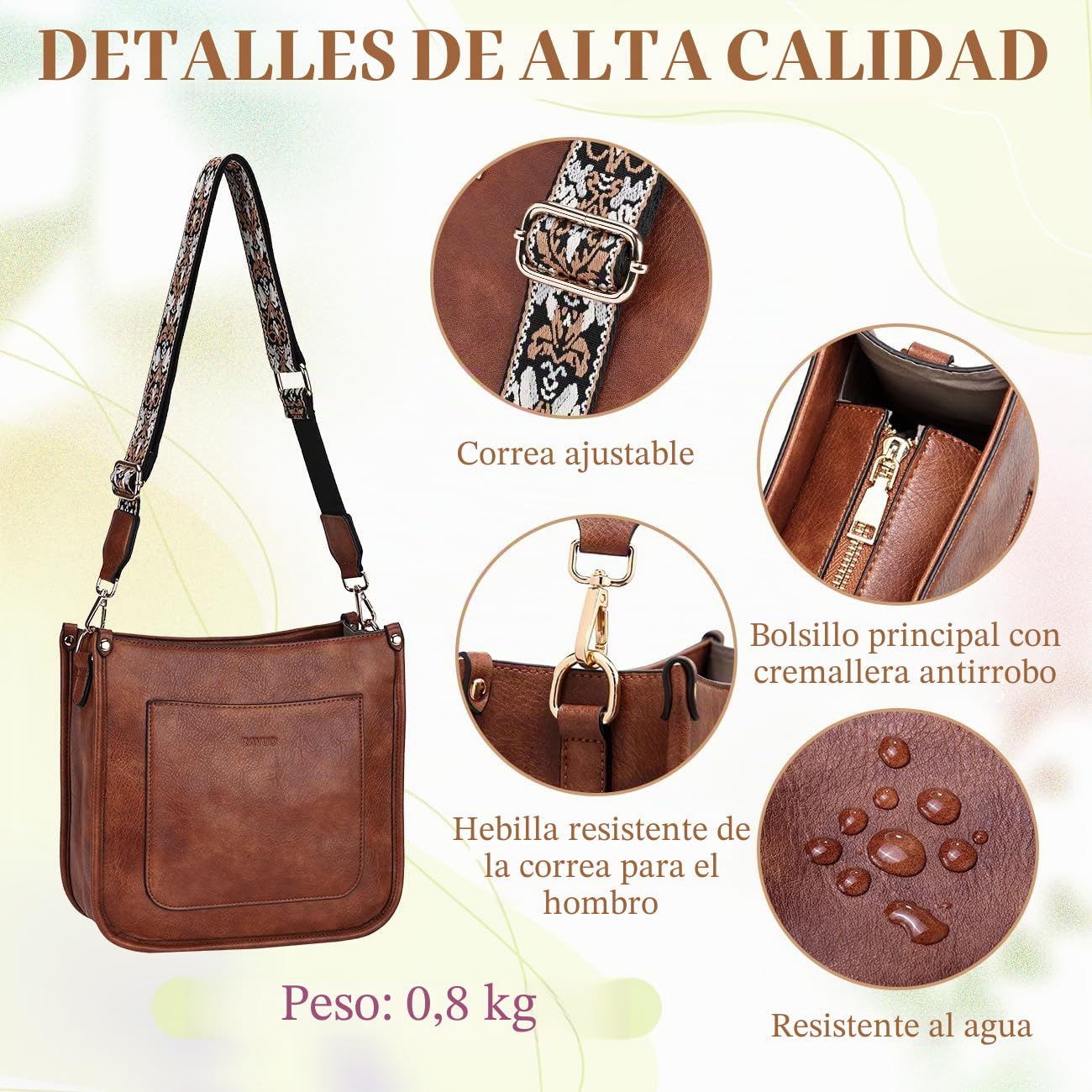 RAVUO Bolso Mujer, Grande Bolso Bandolera Mujer de Cuero Pu Bolso Cruzado Bolso Hombro Piel con 2 Correas Ajustable para Diario Viaje