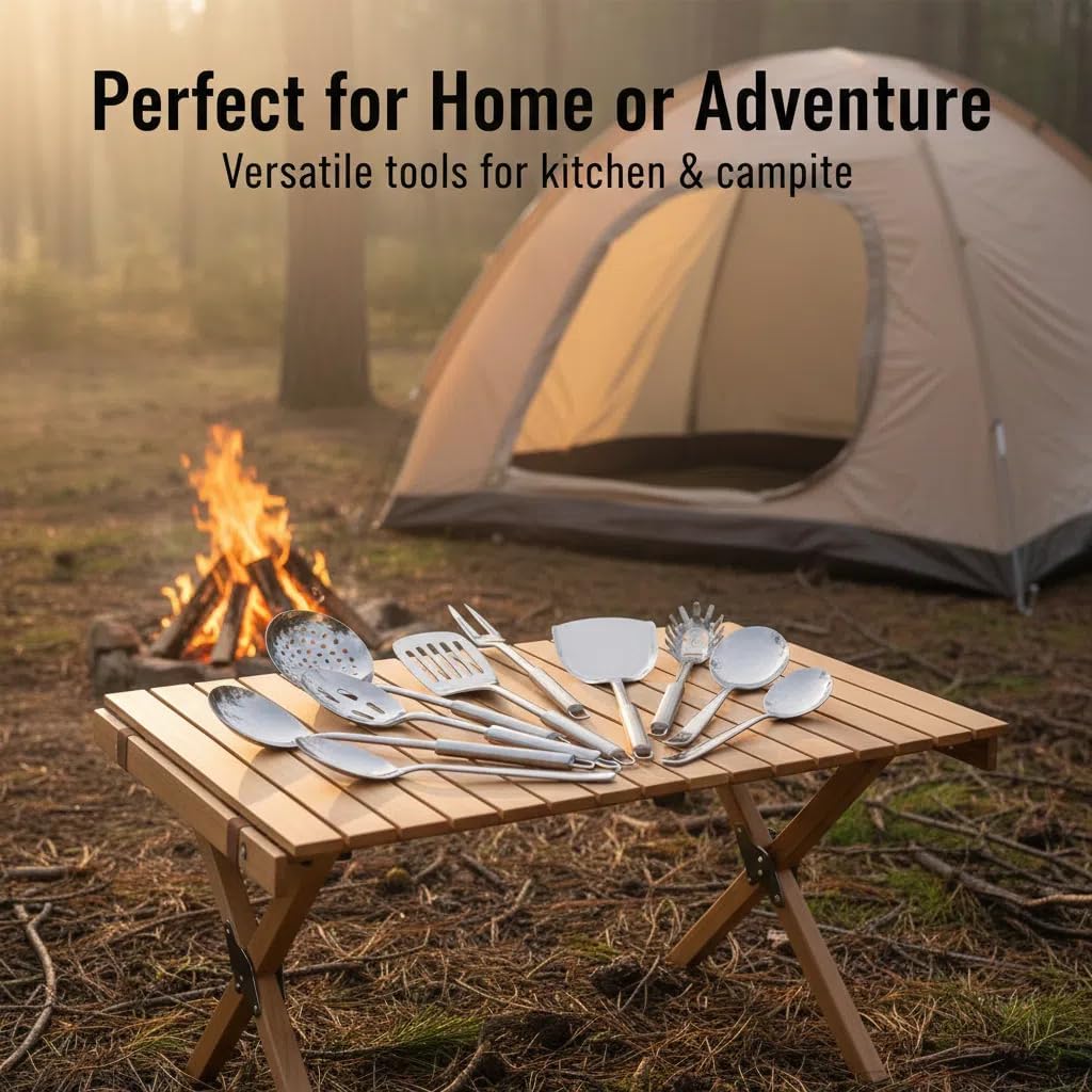 12-Piece Heavy-Duty Stainless Steel Cooking Utensil Set – Long Heat-Resistant Handles – Turner, Ladles, Skimmers & More