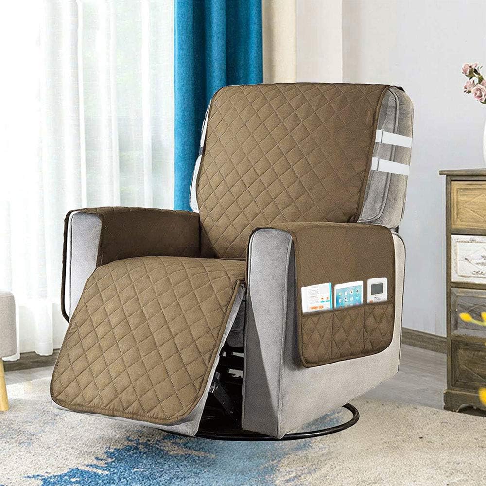 Ghopy Recliner Chair Cover Pad with 6 Side Pockets, 2 Tightening Straps