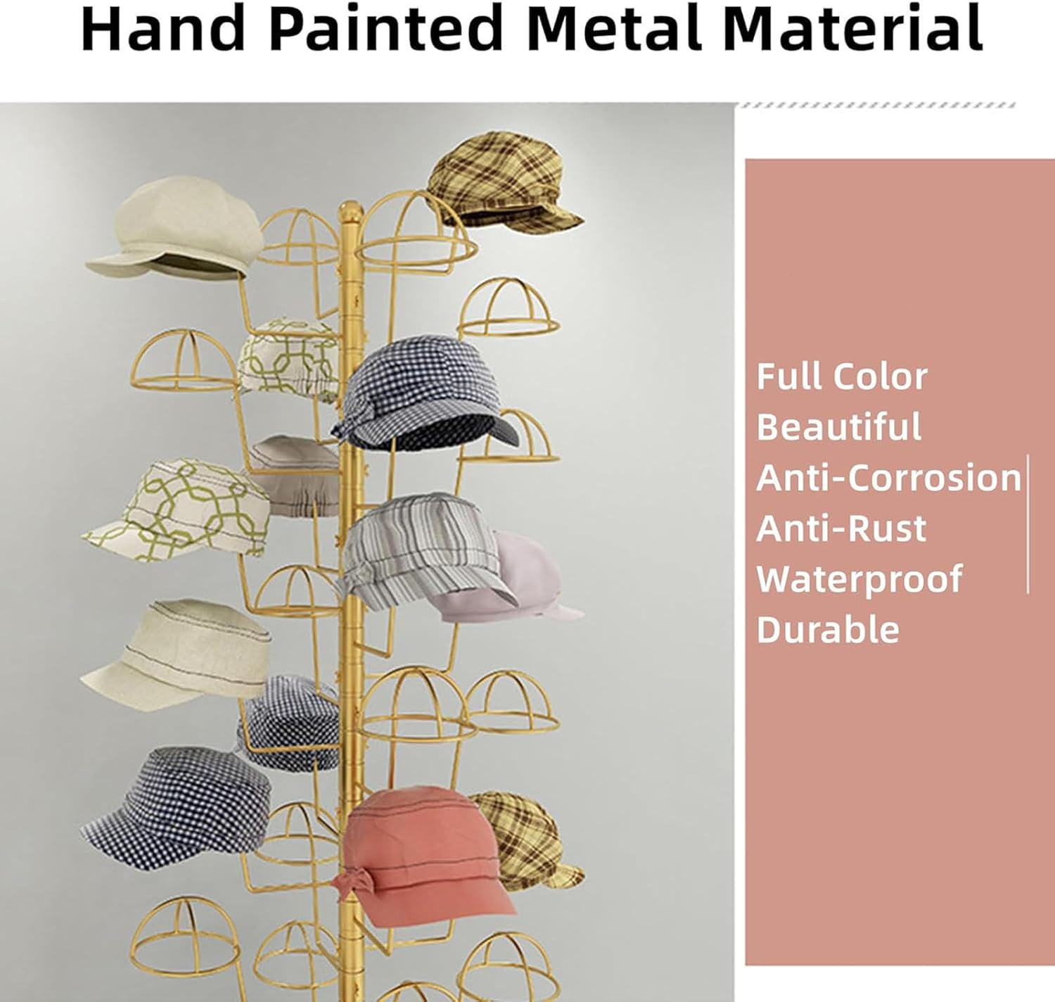 Hat Rack Stand,Baseball Hat Holder Hats Display Rack,Hats Stand Display Metal, Hat Storage Organizer, Free Standing Head-wear Caps Stand, Commercial or Home Use (Gold 5 Tier 25 Ha,Gold,5 Tier 25 Hat