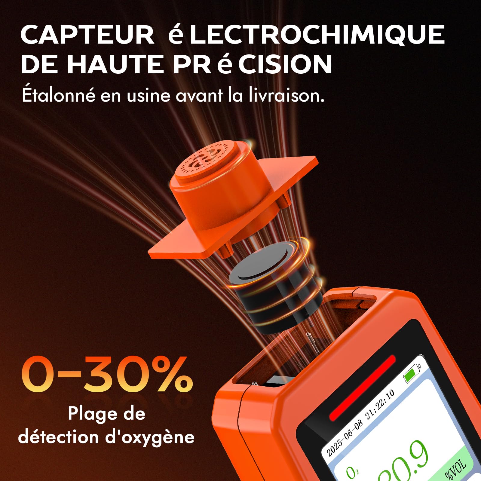Détecteur d’Oxygène Portatif, Moniteur O2 Rechargeable avec Alarmes Sonores, Lumineuses et Vibrantes, Analyseur de Qualité de l’Air Oxygène Mesurant la Température et l’Humidité