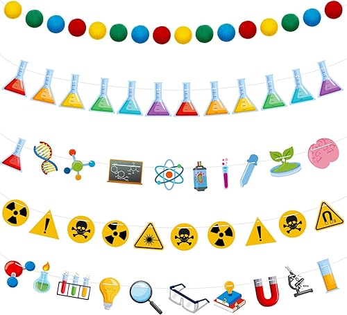 Wettarn 5 piezas de decoración de fiesta de ciencia, pancarta de ciencia para fiesta de cumpleaños, guirnalda de bola de fieltro, colorido pompones,