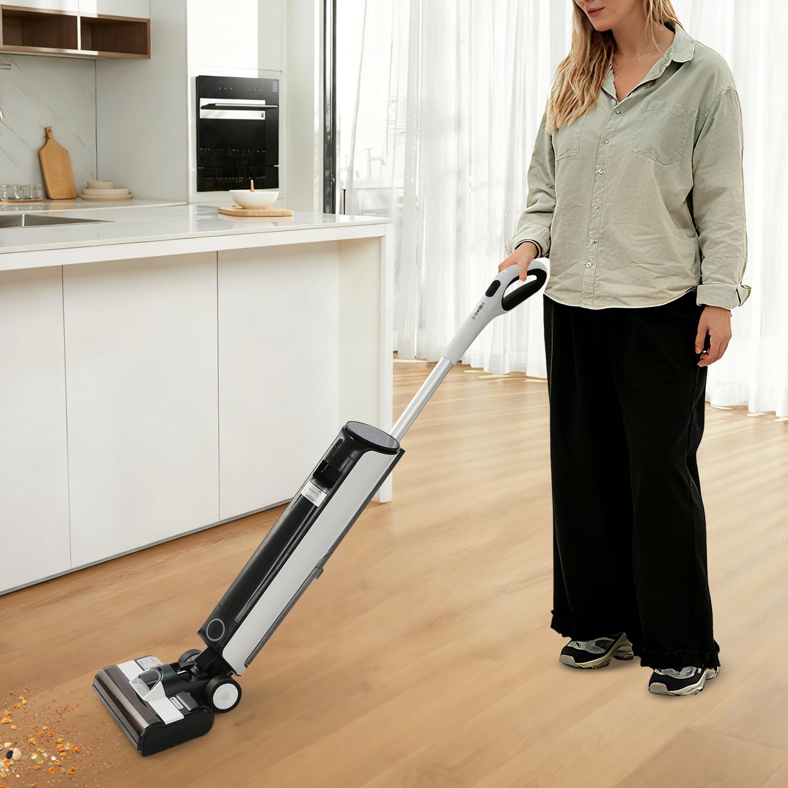 Kabelloser Saug- und Wischreiniger mit Selbstreinigung,Nass&Trocken-Bodenreinigungsmaschine,HEPA-Filter,1100 U/min,830ml Frischwasser/420ml Abwasser für bis 150 m²,Keramik, Holz, Marmor