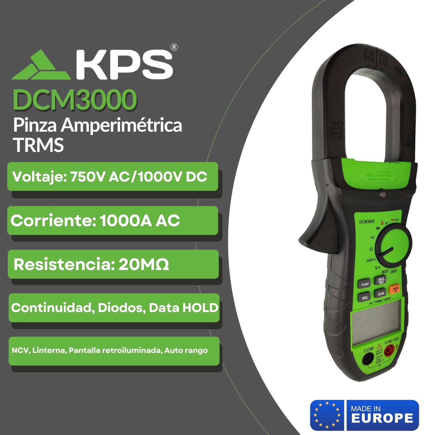 KPS-DCM3000 Pinza Amperimétrica Profesional Corriente AC TRMS 1000A Tension DC:1000V AC:750V Resistencia 20MΩ 6000 Cuentas NCV Apertura Mordaza 40 mm. CAT.IV