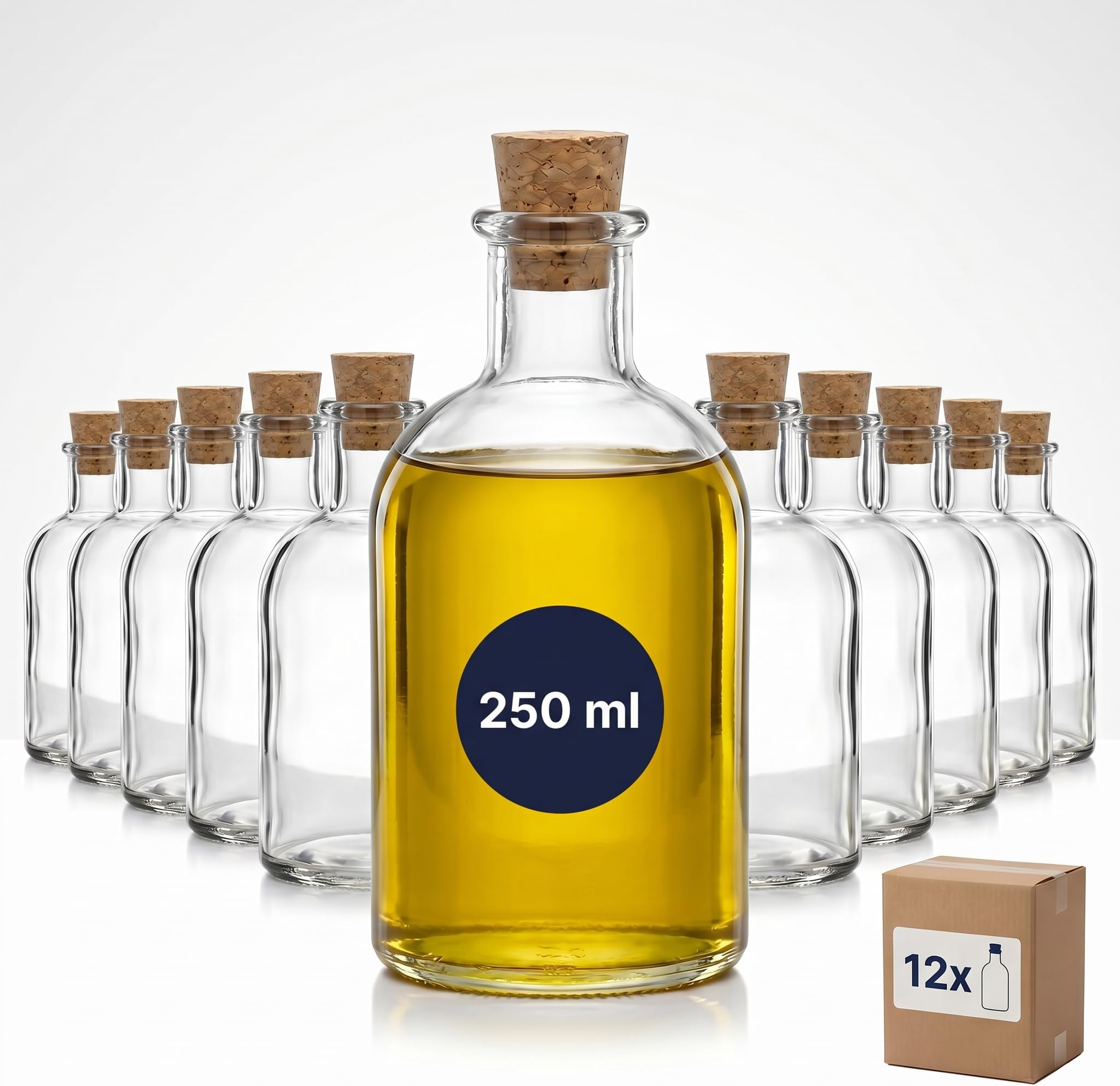 gouveo Set of 12 Glass Bottles 250 ml (0.25 L) Apothecary Bottle Round with Conical Cork, Clear Glass Filling Bottles for Liquor, Syrup, Juice, Oil & Vinegar (AFRT250SKE)