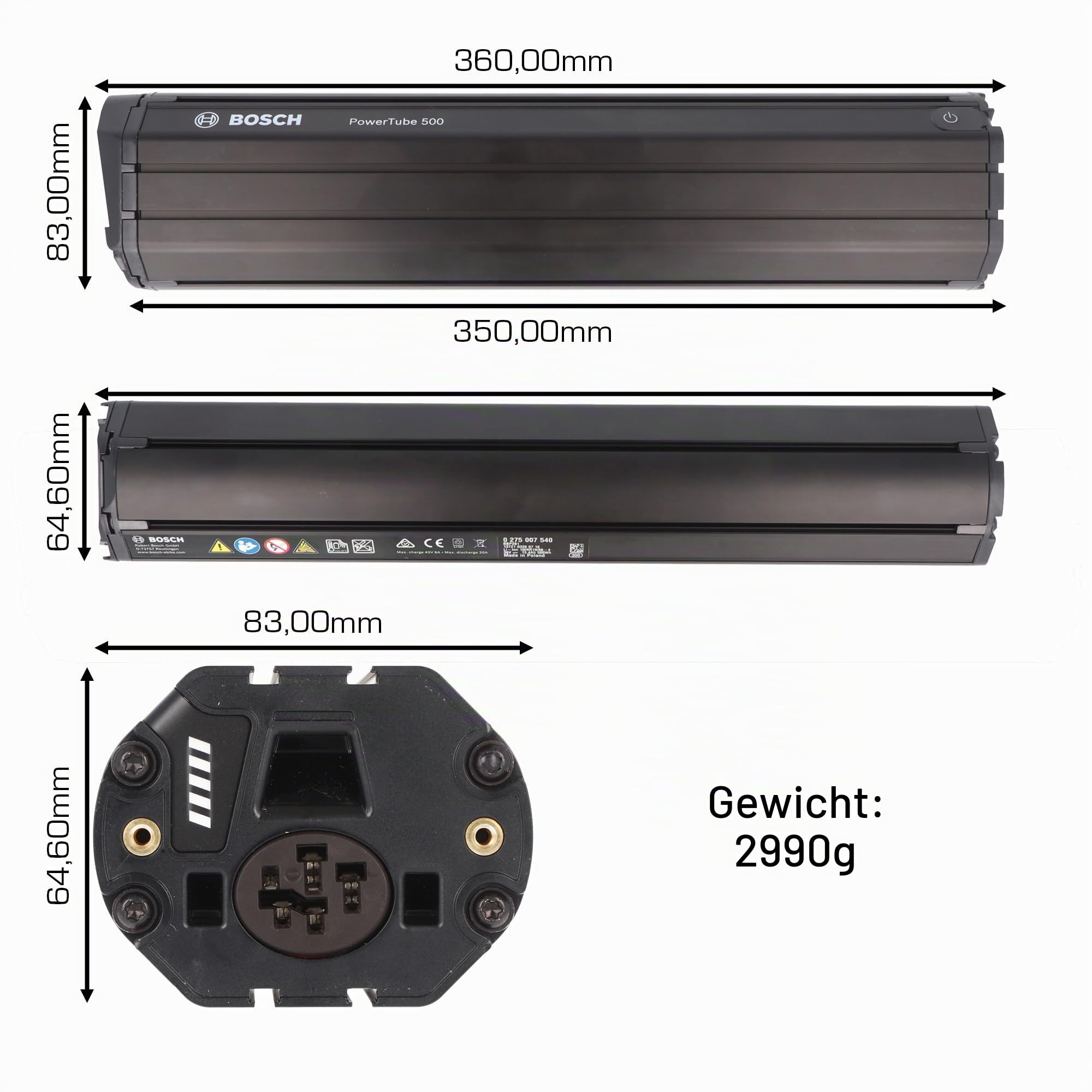 Bosch integrierbarer Akku PowerTube Horizontal inklusive Gefahrgutkarton und Bedienungsanleitung, schwarz, 500 Wh, 275007539