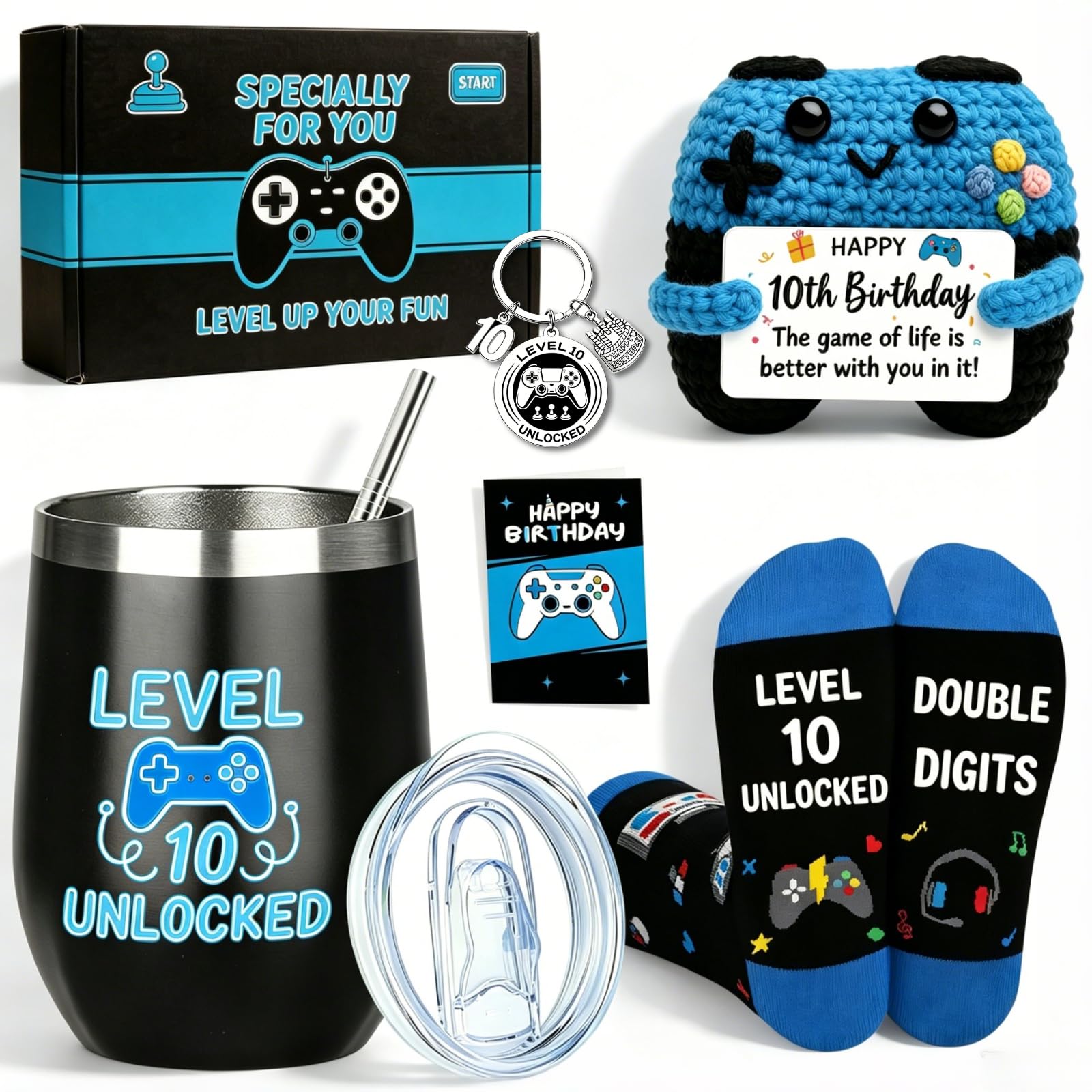 Obmyllax 10 Year Old Gifts for Boys, Unique Birthday Gift Set for 10th Boys, Cool Gamer Gift Set with Tumbler Crochet Plush Socks Keychain, Present for Son Grandson Nephew Friend Video Game Lovers — image 1