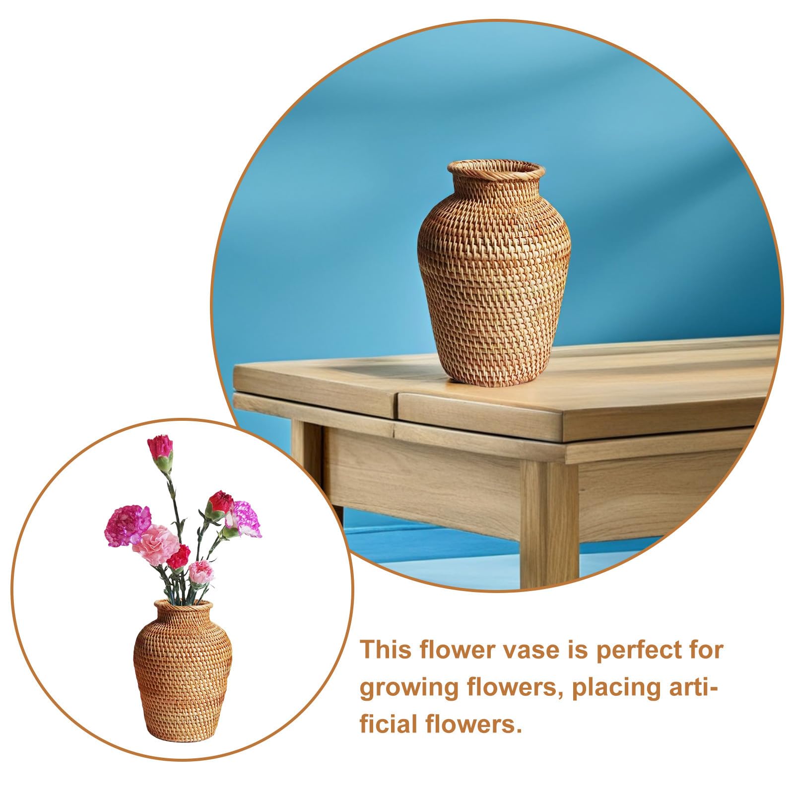 Vaso in Rattan Intrecciato Rustico da Tavolo, Centrotavola per Fiori Secchi e Composizioni Floreali, Decorazione per Matrimoni e Ambienti Interni