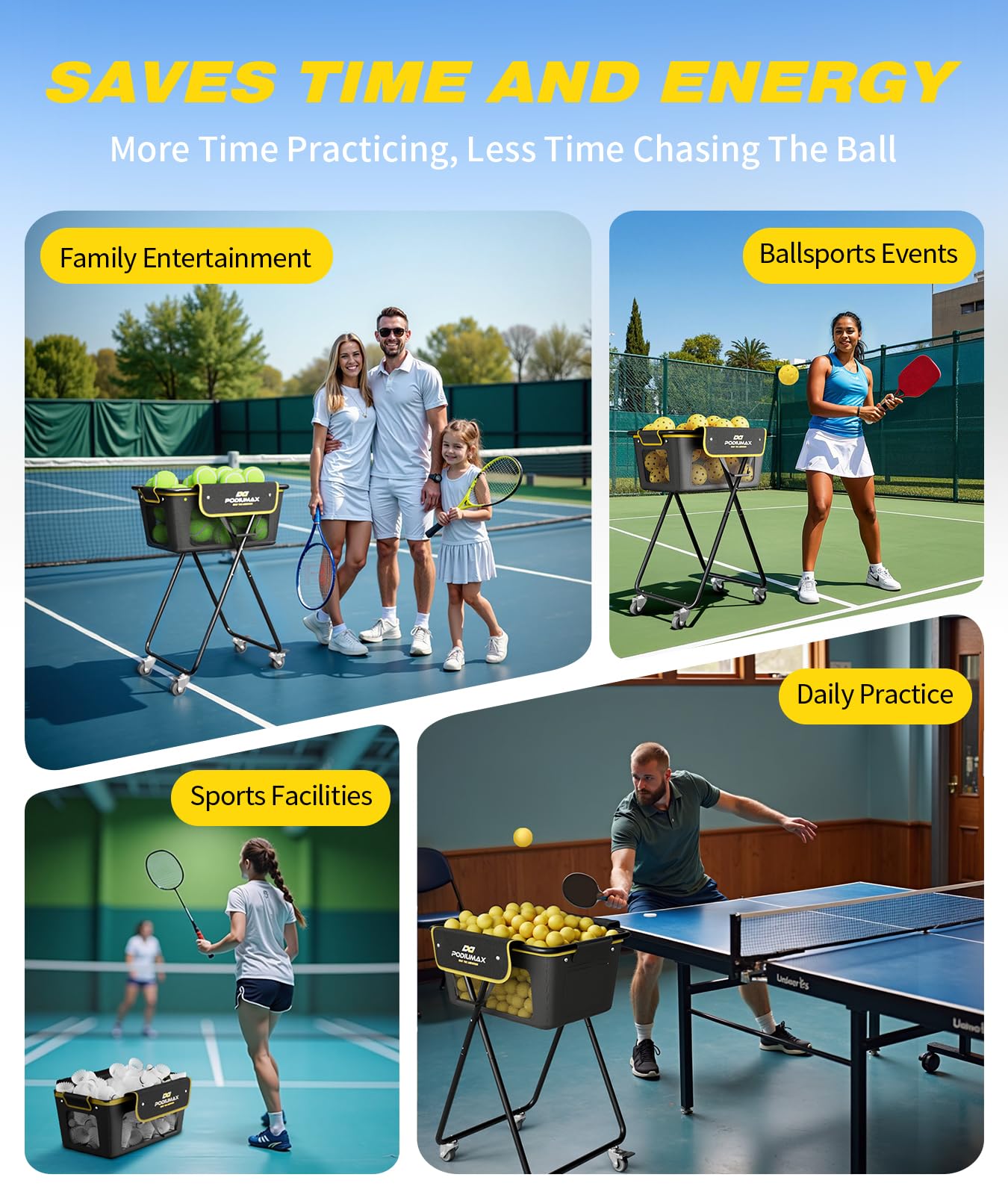 PodiuMax Pickleball - Tramoggia per palline da tennis, contiene 180 palline da tennis o 150 sottaceti, pieghevole, per uomini, donne, adolescenti, impermeabile, per studenti e allenatori